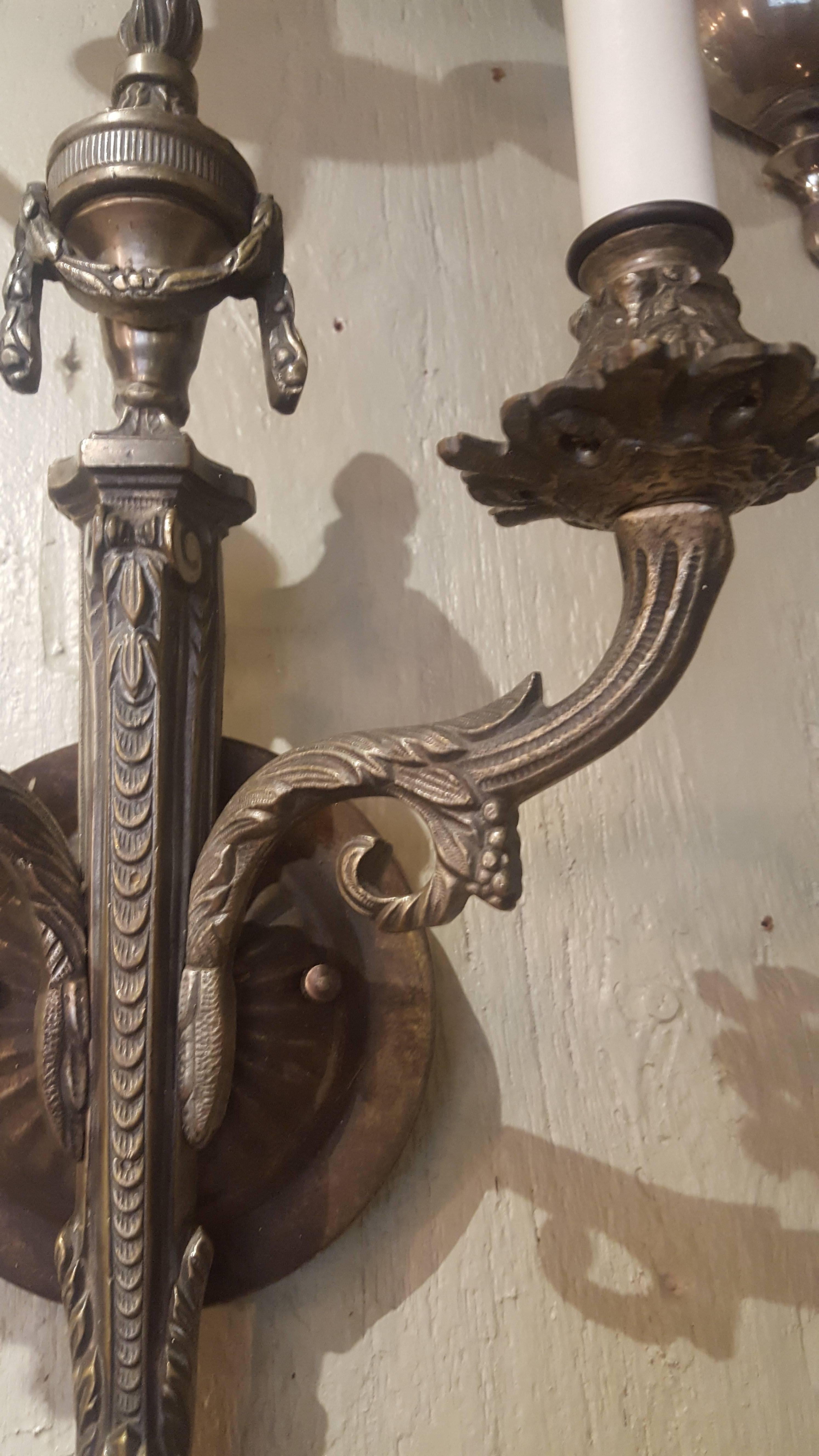 Pair French Two-Arm Empire-Style Bronze Sconces with Urn and Swag Detail For Sale 1