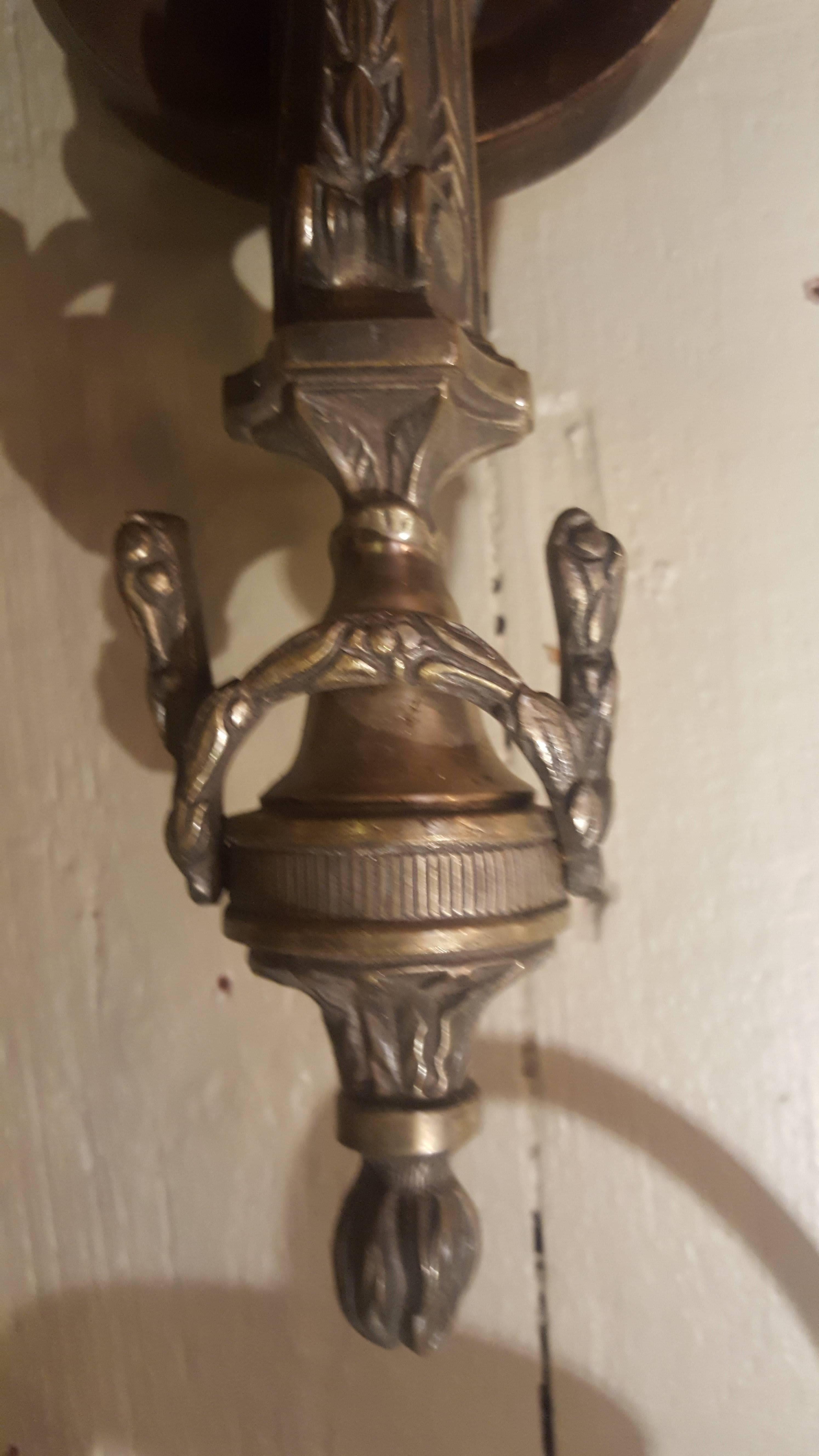 Pair French Two-Arm Empire-Style Bronze Sconces with Urn and Swag Detail For Sale 2