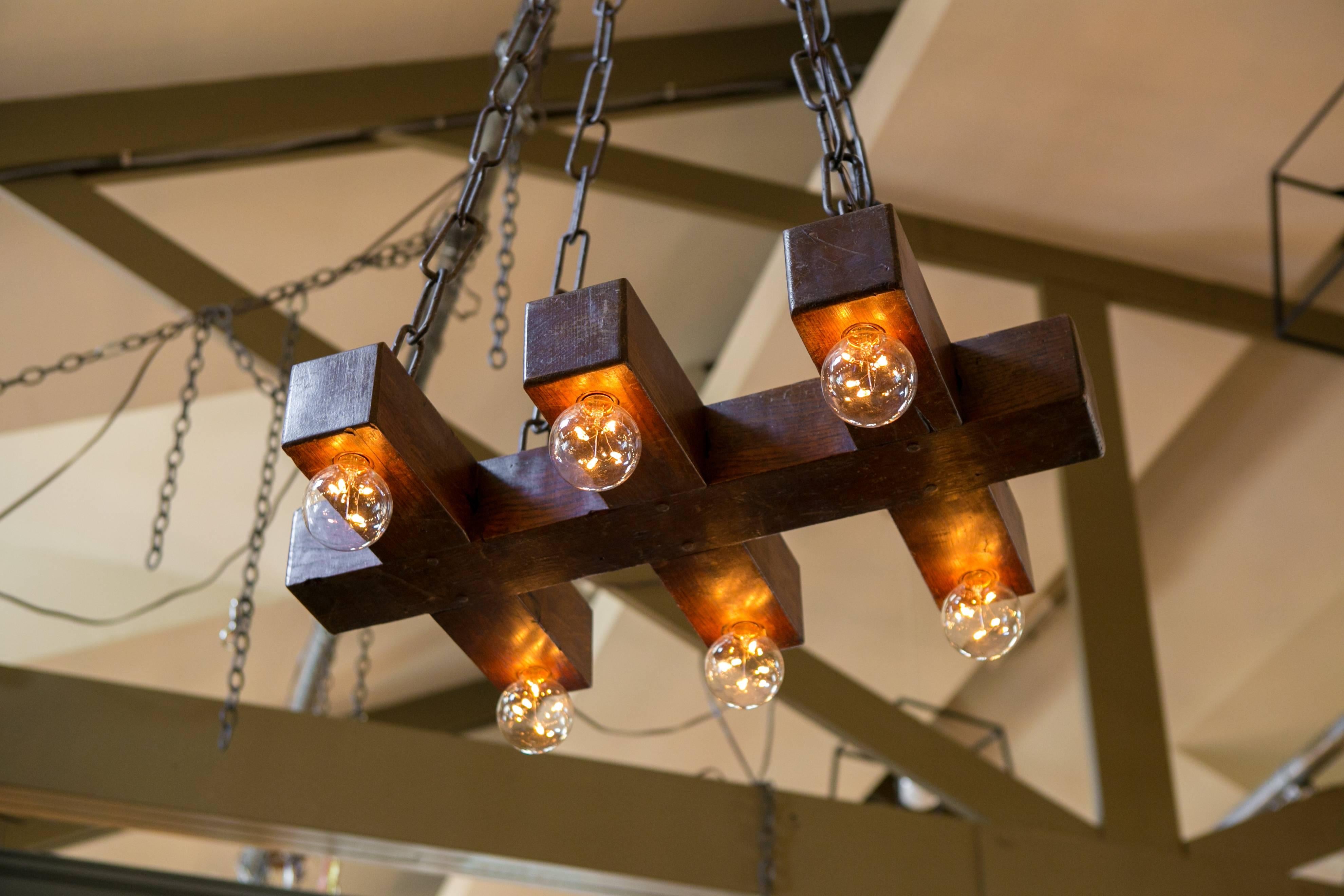 Hand-Crafted Handmade Wooden Geometric Light with Six Sockets from Belgium, circa 1940