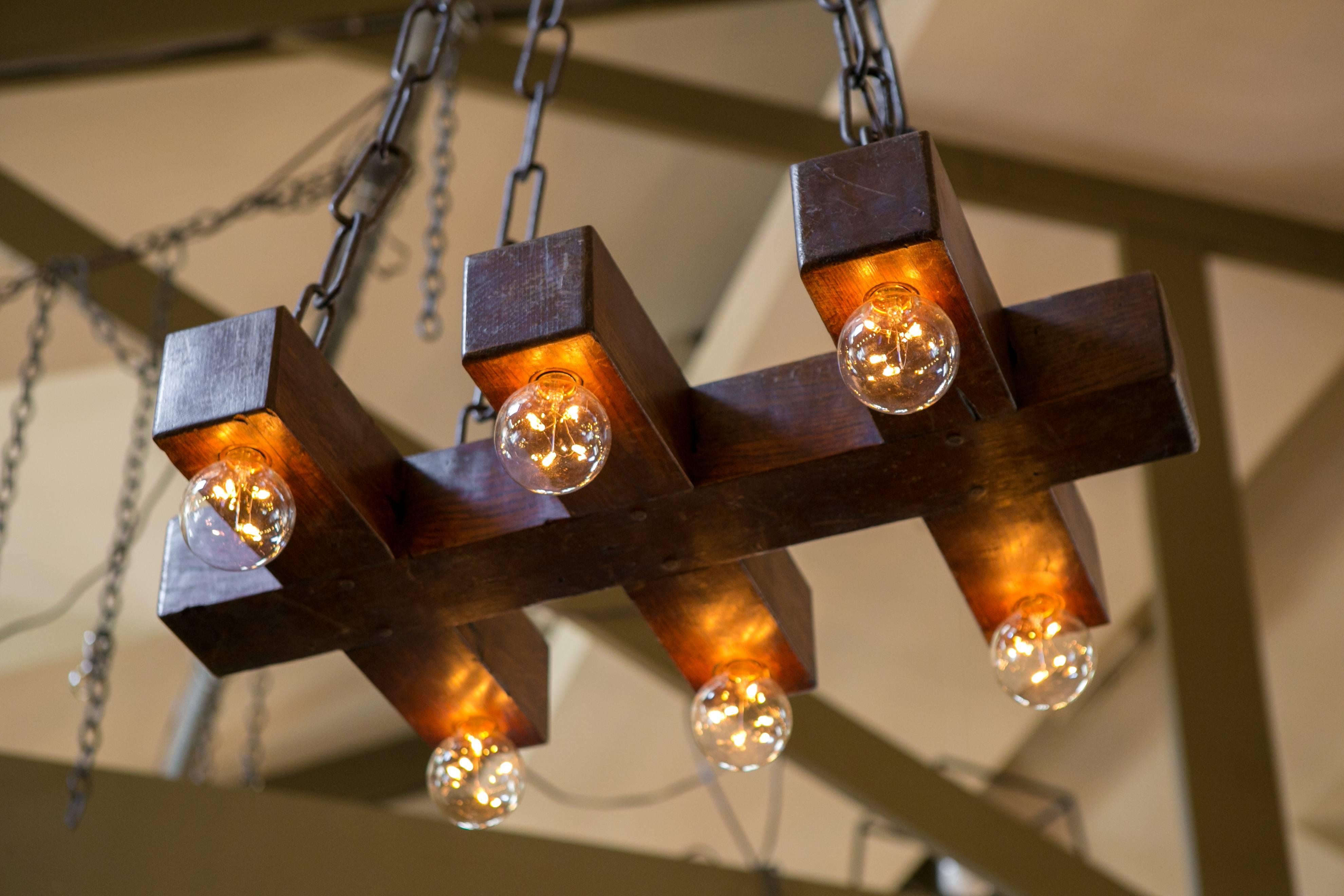 Handmade Wooden Geometric Light with Six Sockets from Belgium, circa 1940 In Excellent Condition In Houston, TX