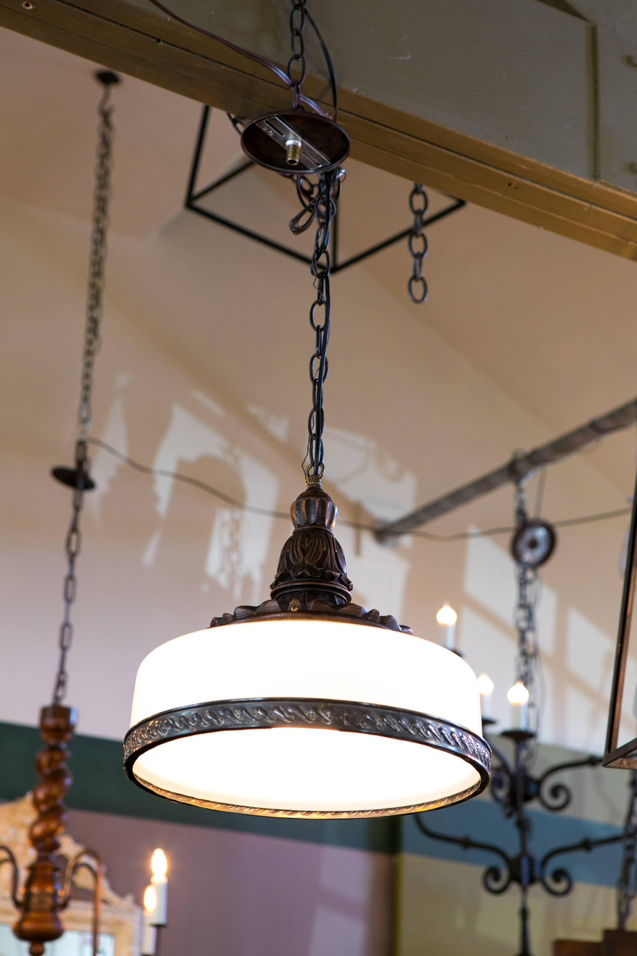 Hand-Carved One of a Kind Milk Glass, Wood and Brass Pendant from Holland