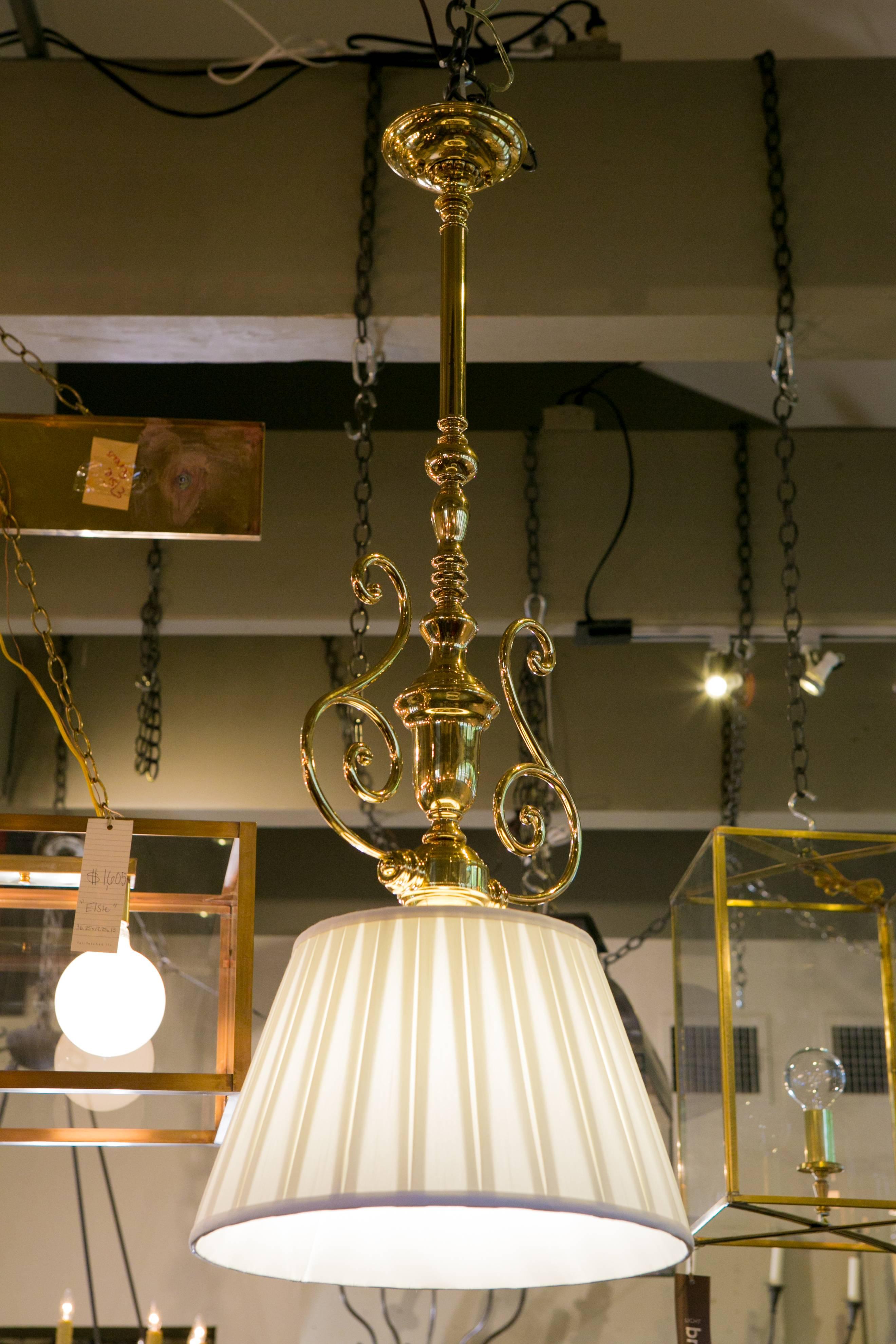 Custom Polished Brass Pendants with Silk Shades In Excellent Condition In Houston, TX