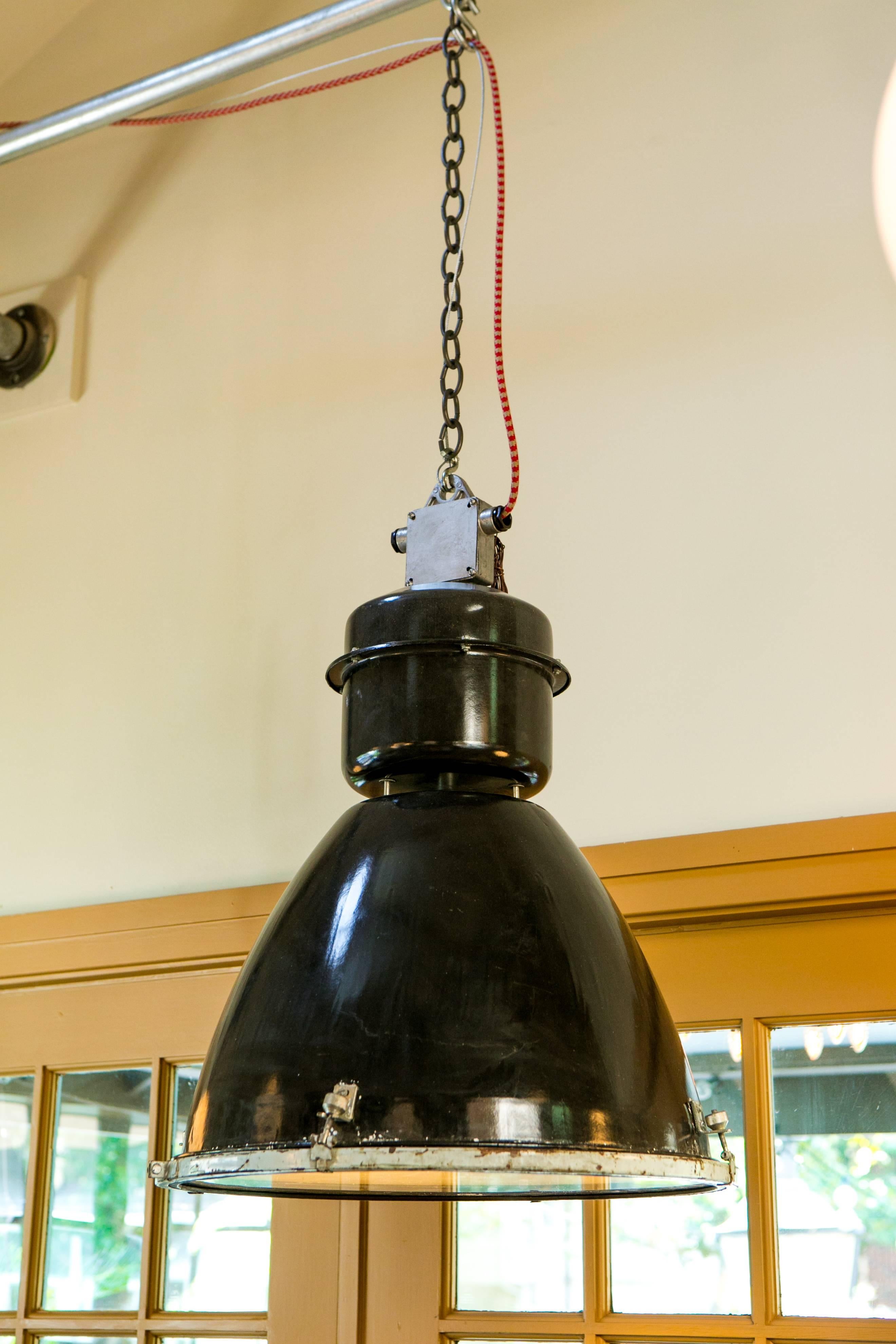 Mid-20th Century Vintage Czech Industrial Black Pendant with Red Cord, circa 1950