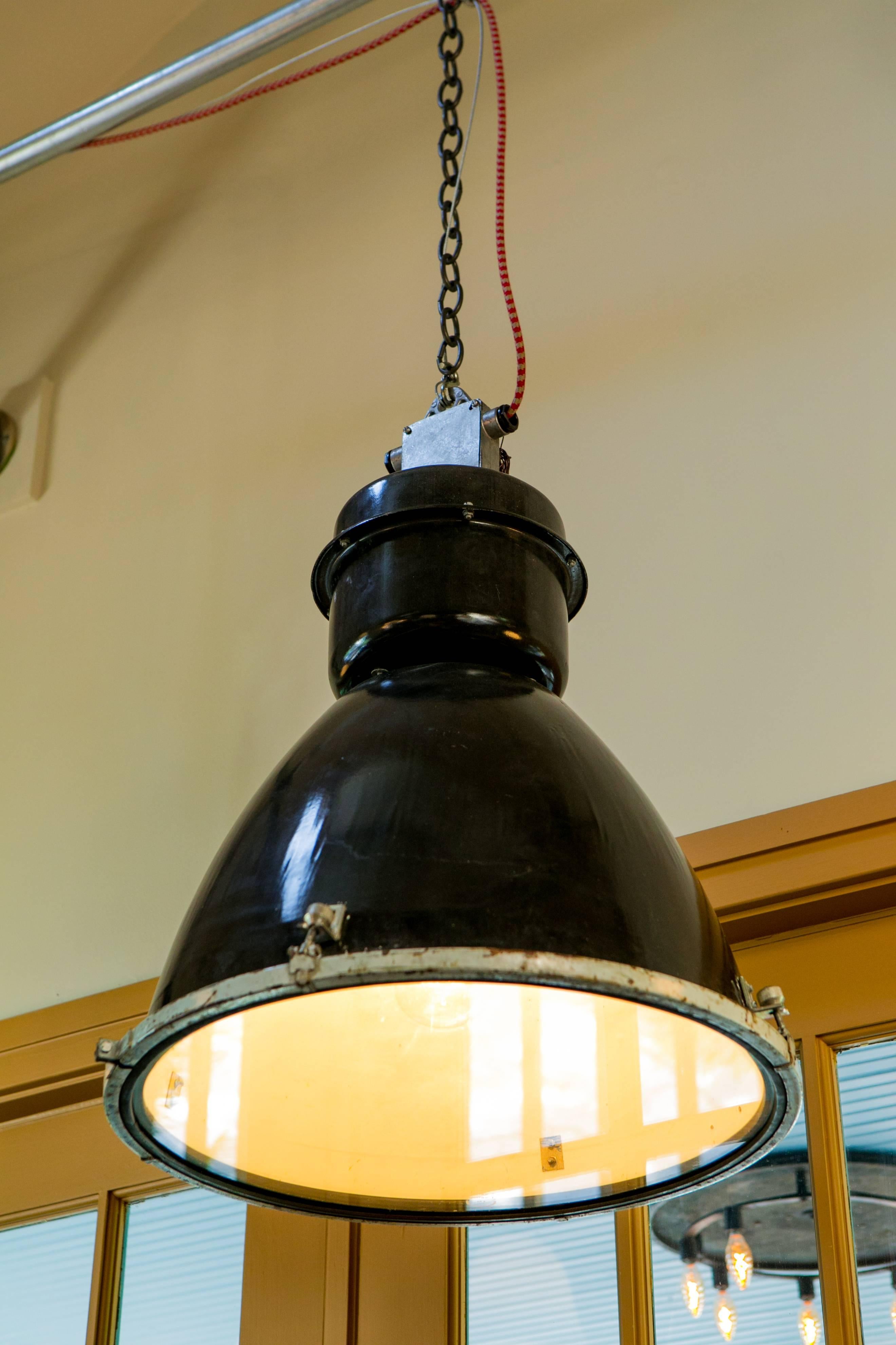 Vintage Czech Industrial Black Pendant with Red Cord, circa 1950 In Excellent Condition In Houston, TX