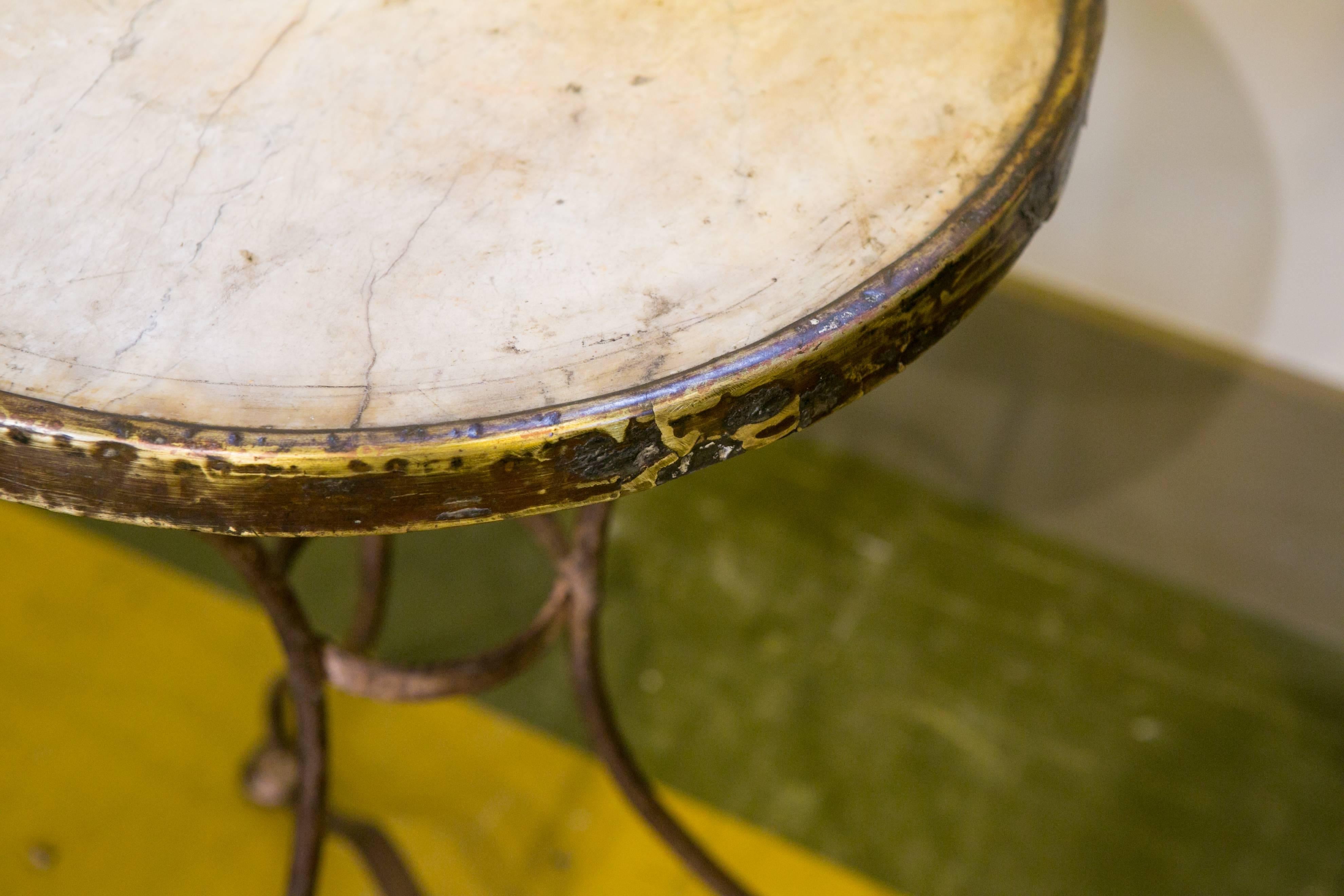 Marble-Top French Iron Bistro Table with Brass Band, circa 1910 In Good Condition In Houston, TX