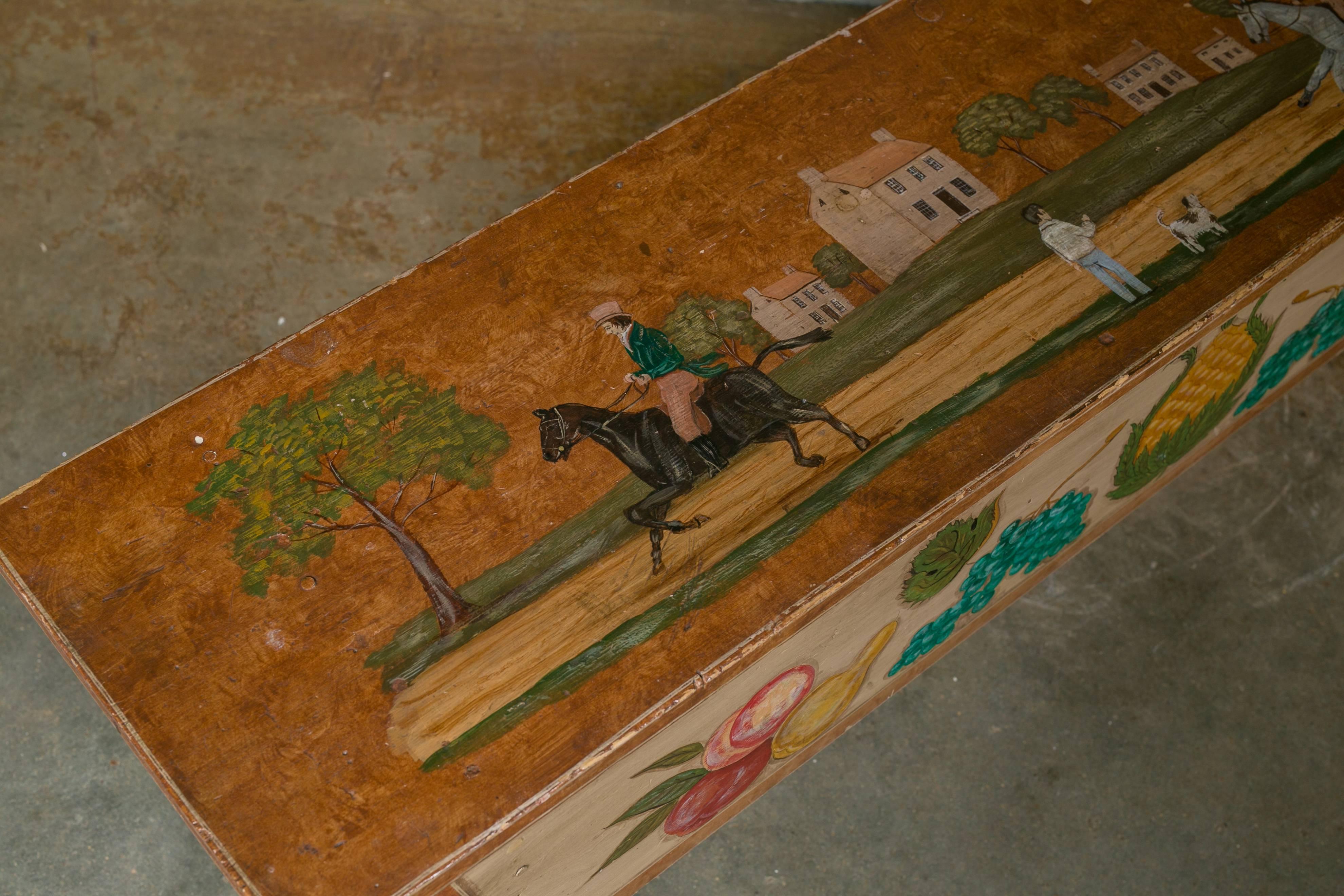 American Antique Wooden Bench Hand-Painted by Artist Lew Hudnall, circa 1890