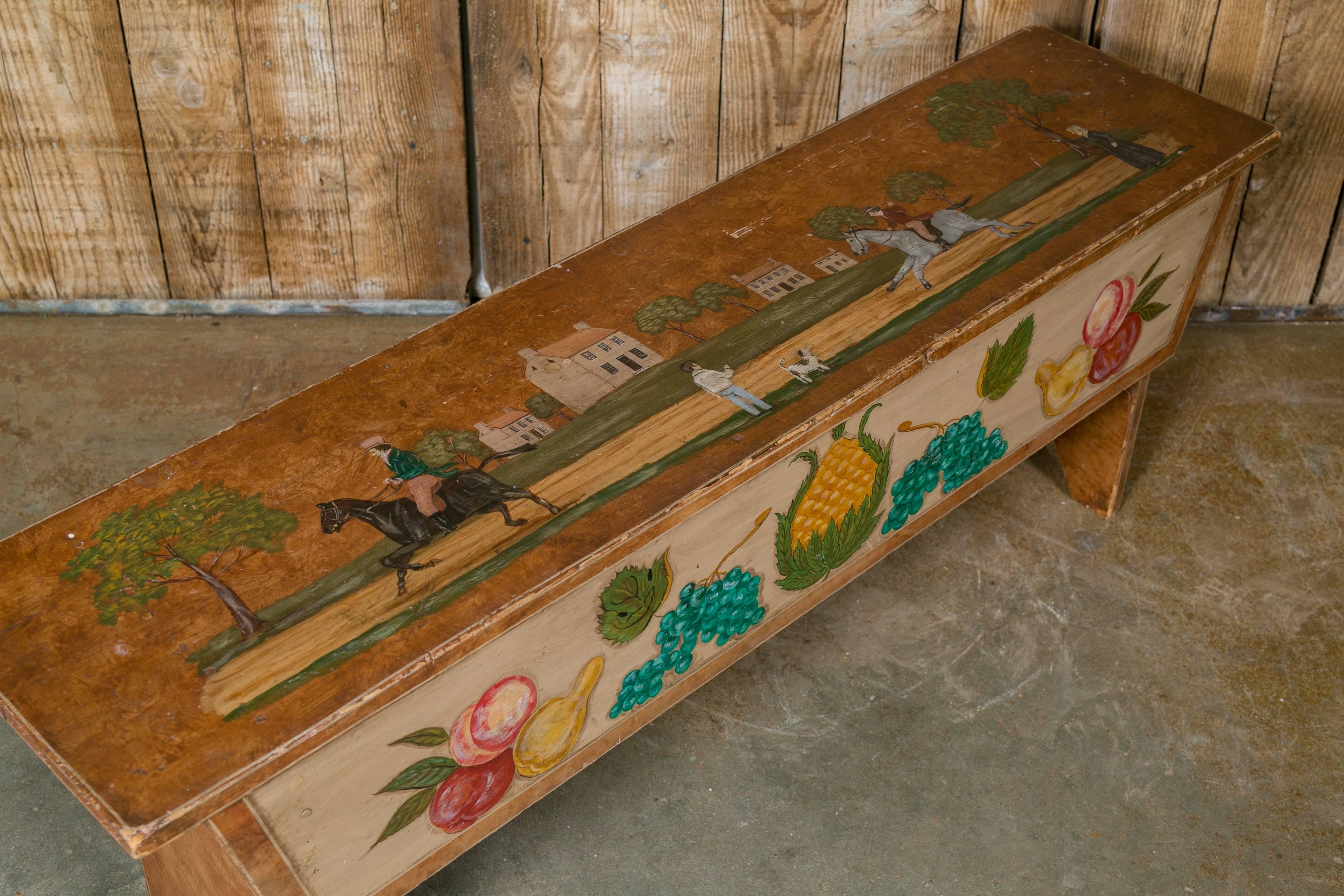 Hand-Crafted Antique Wooden Bench Hand-Painted by Artist Lew Hudnall, circa 1890