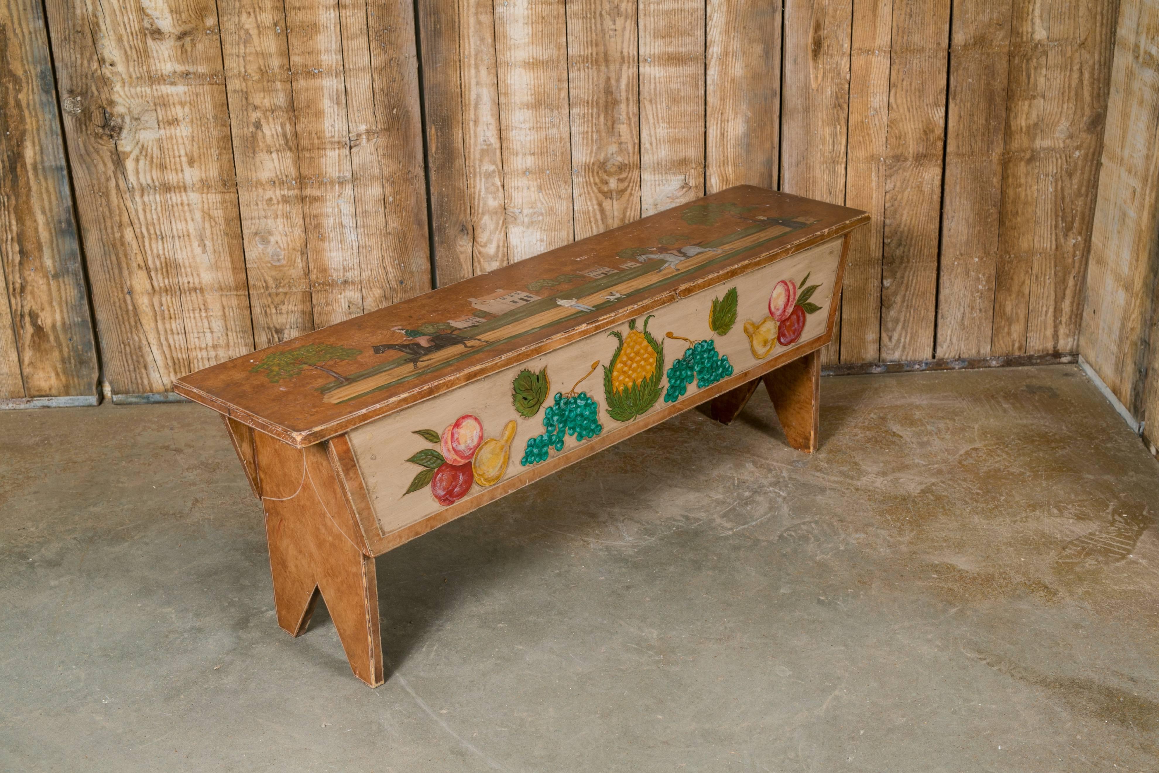 Antique Wooden Bench Hand-Painted by Artist Lew Hudnall, circa 1890 In Excellent Condition In Houston, TX