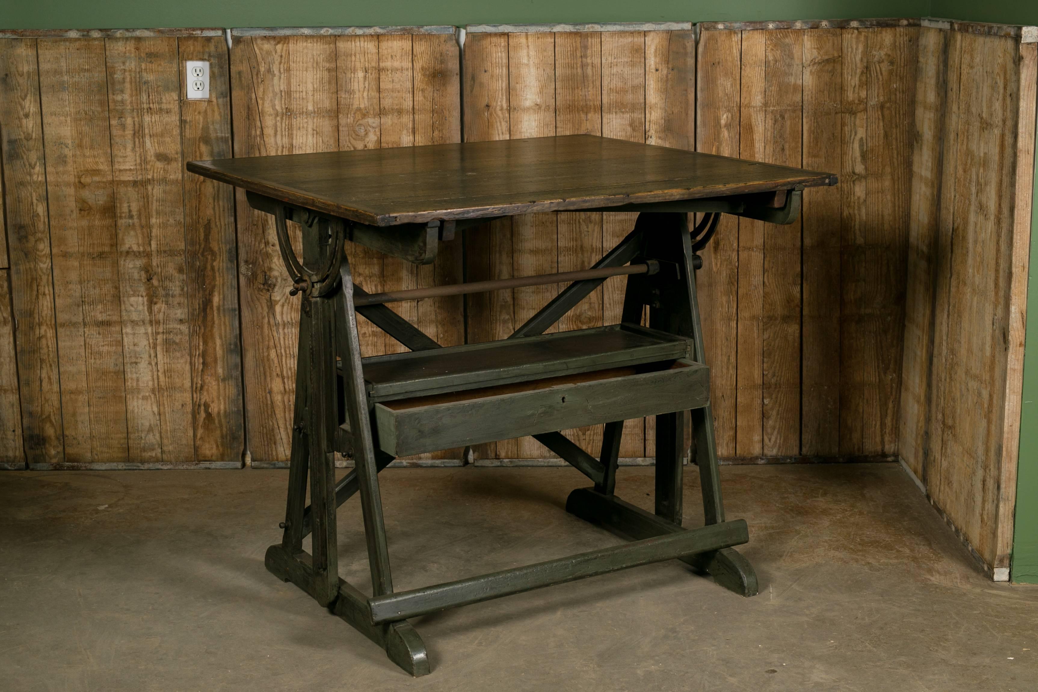 Antique Industrial Architect's Tilt Top Drafting Table from Belgium, circa 1900 In Good Condition In Houston, TX