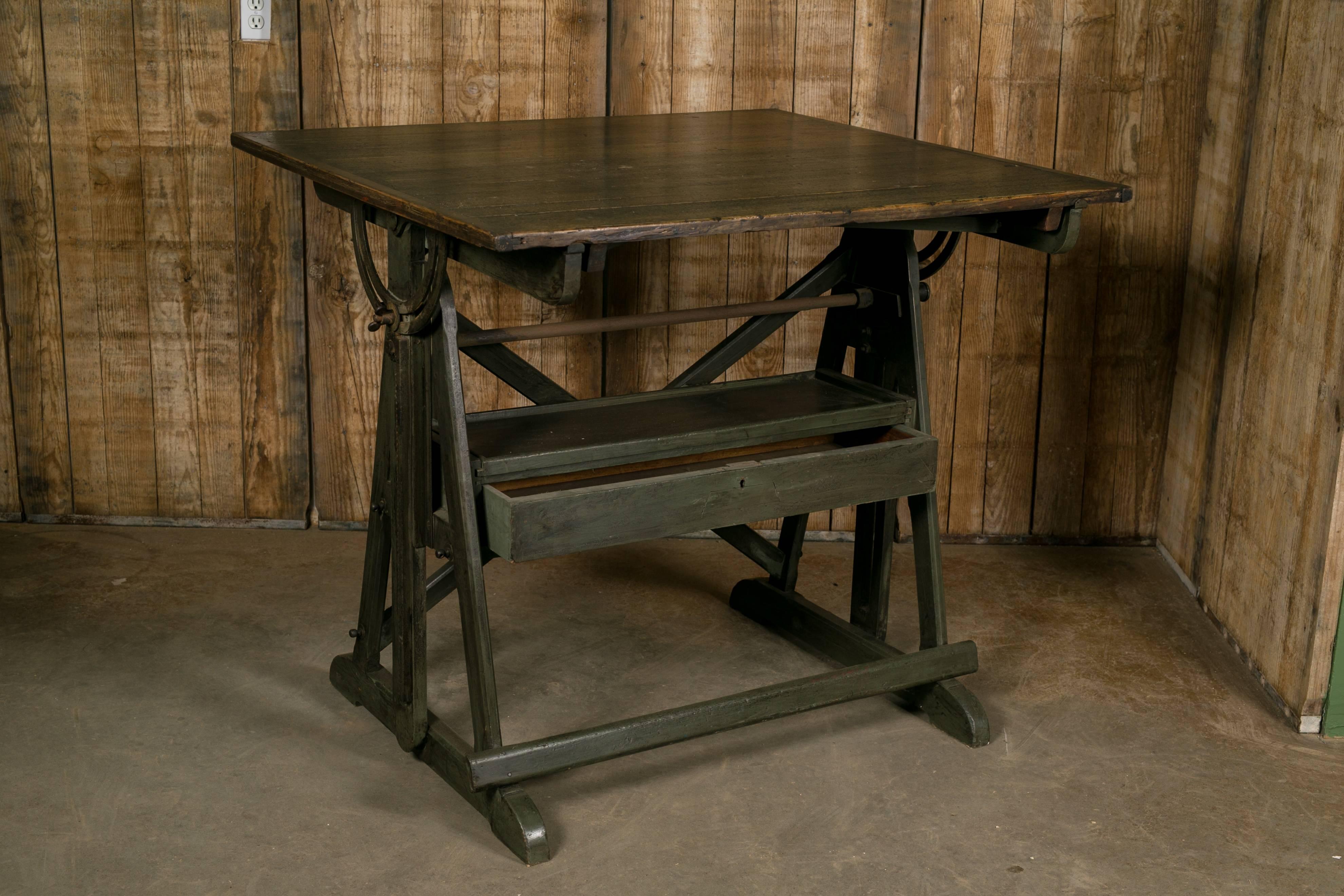Early 20th Century Antique Industrial Architect's Tilt Top Drafting Table from Belgium, circa 1900