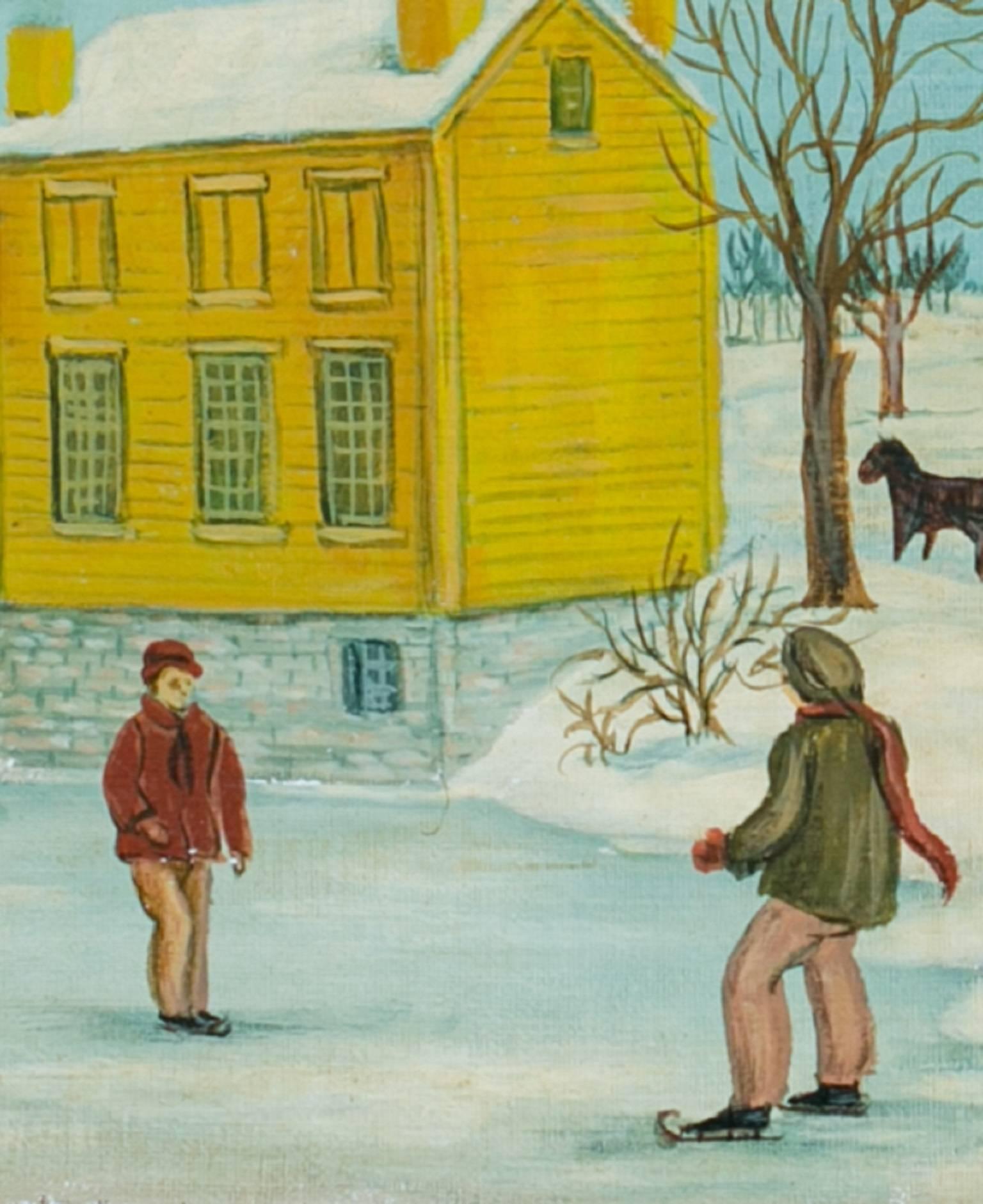 One of a kind work of art by American folk artist Lew Hudnall. Acrylic on stretched canvas, signed and dated 1972. Scene shows children ice skating and a figure in a horse-drawn sled.