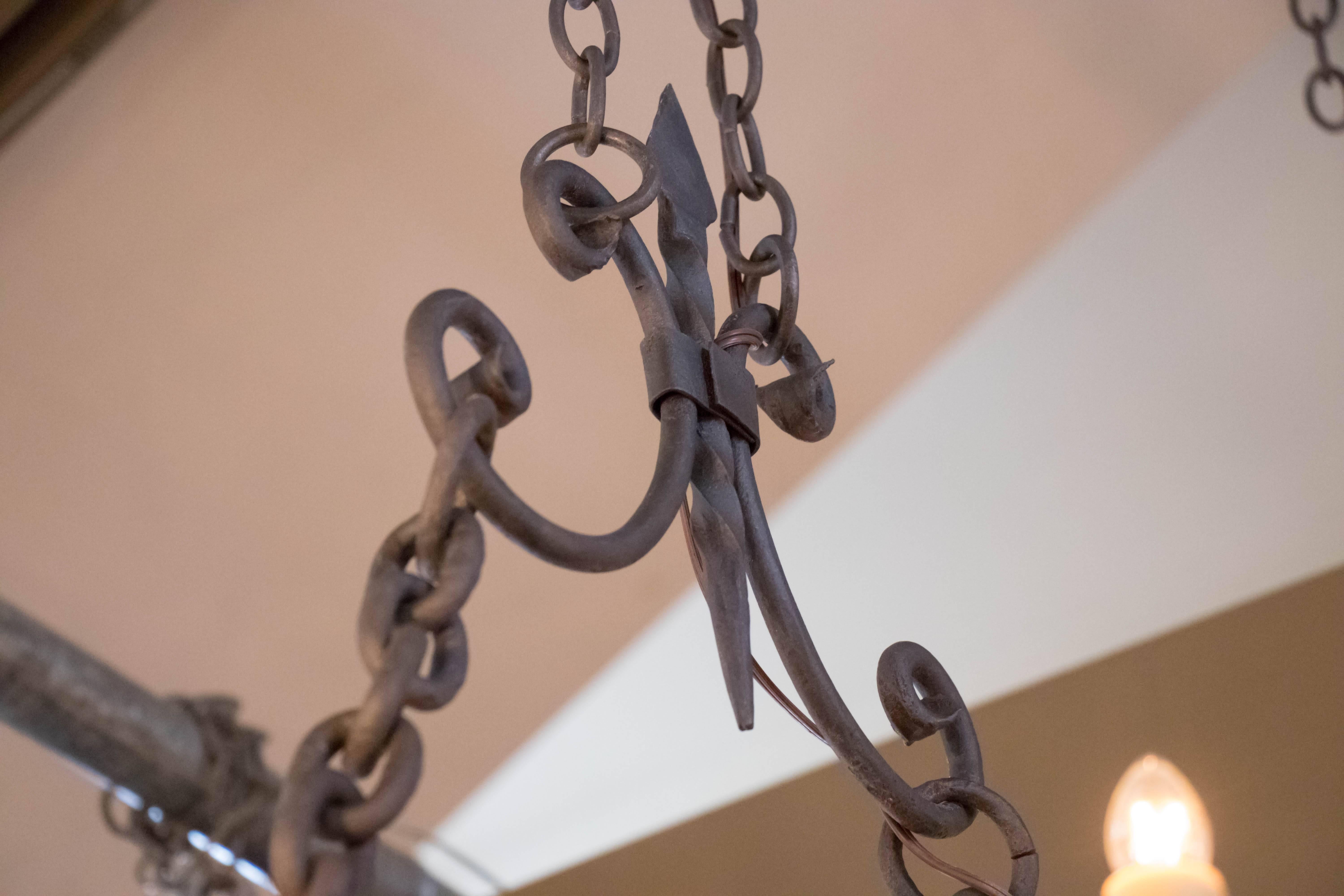 Hand-Crafted Hand-Forged, Spanish Linear Iron Chandelier , circa 1930