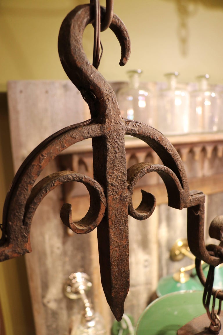 hand-wrought iron billiard or kitchen island light with green enamel