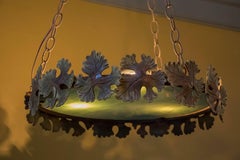 French, Iron Pendant with Green Art Glass and Grape Leaf Band, Circa 1940s