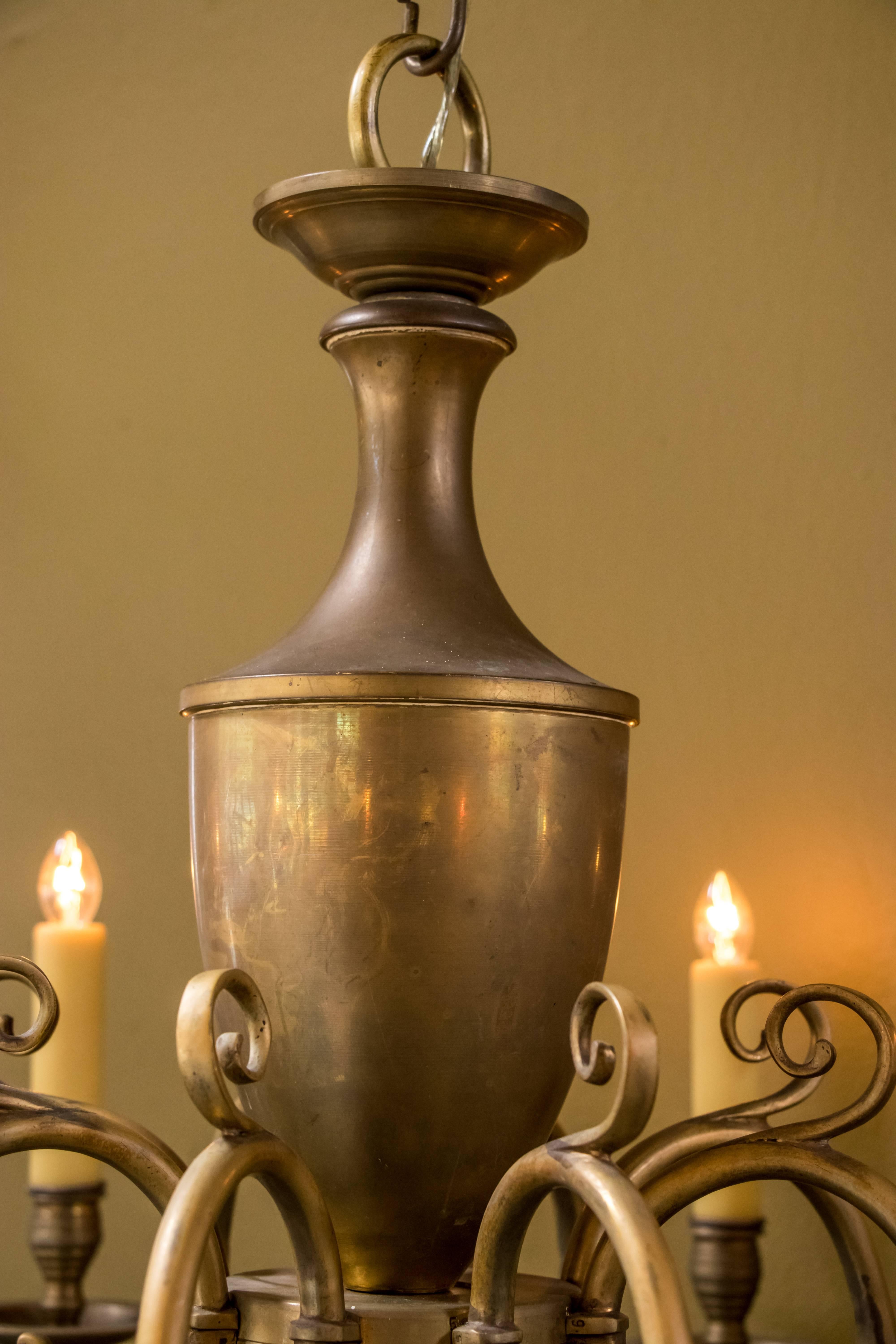 Dutch Colonial Belgian Bronze Chandelier Vase-Shaped Body and Bird-Cage Base, Circa 1930s