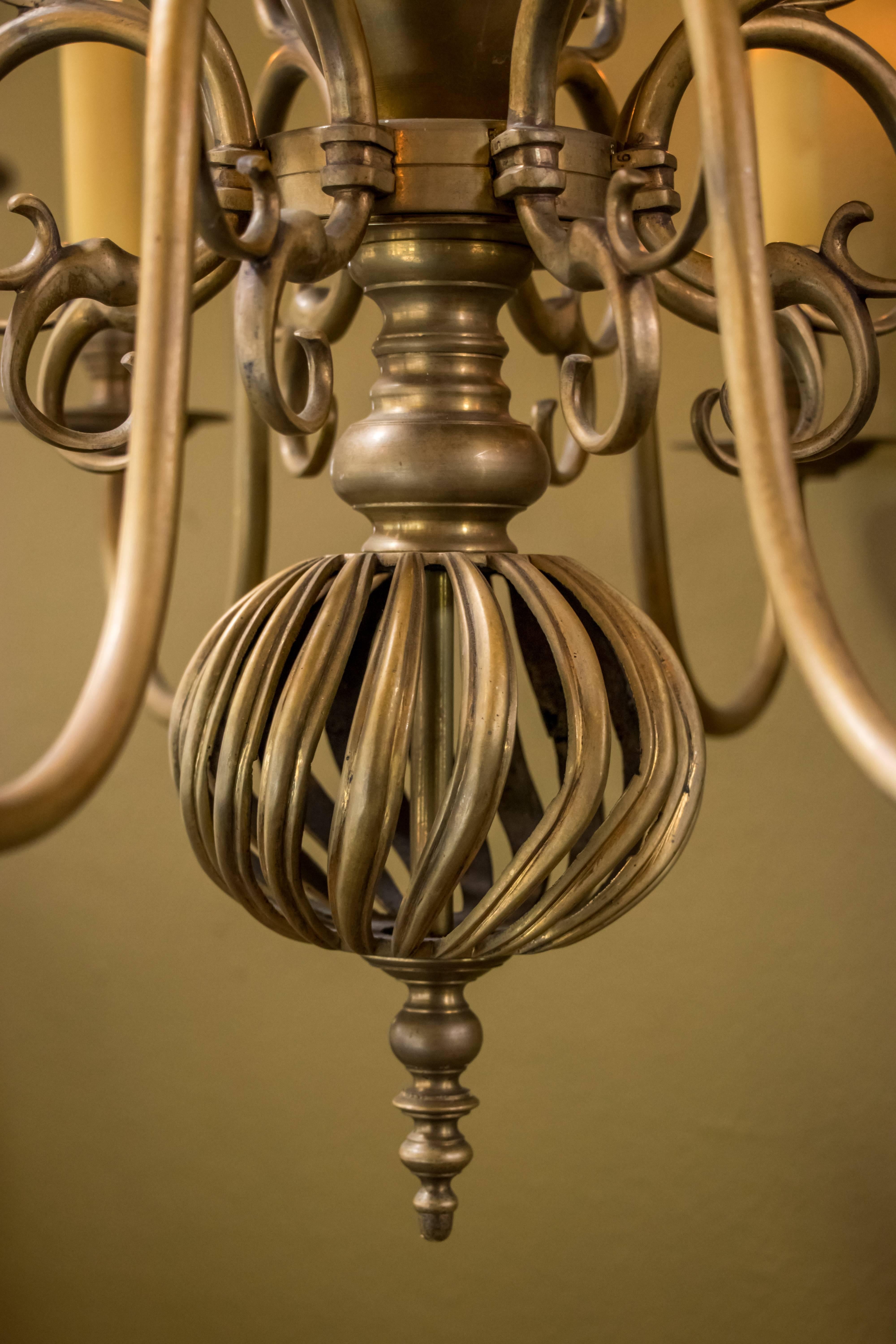 Cast Belgian Bronze Chandelier Vase-Shaped Body and Bird-Cage Base, Circa 1930s