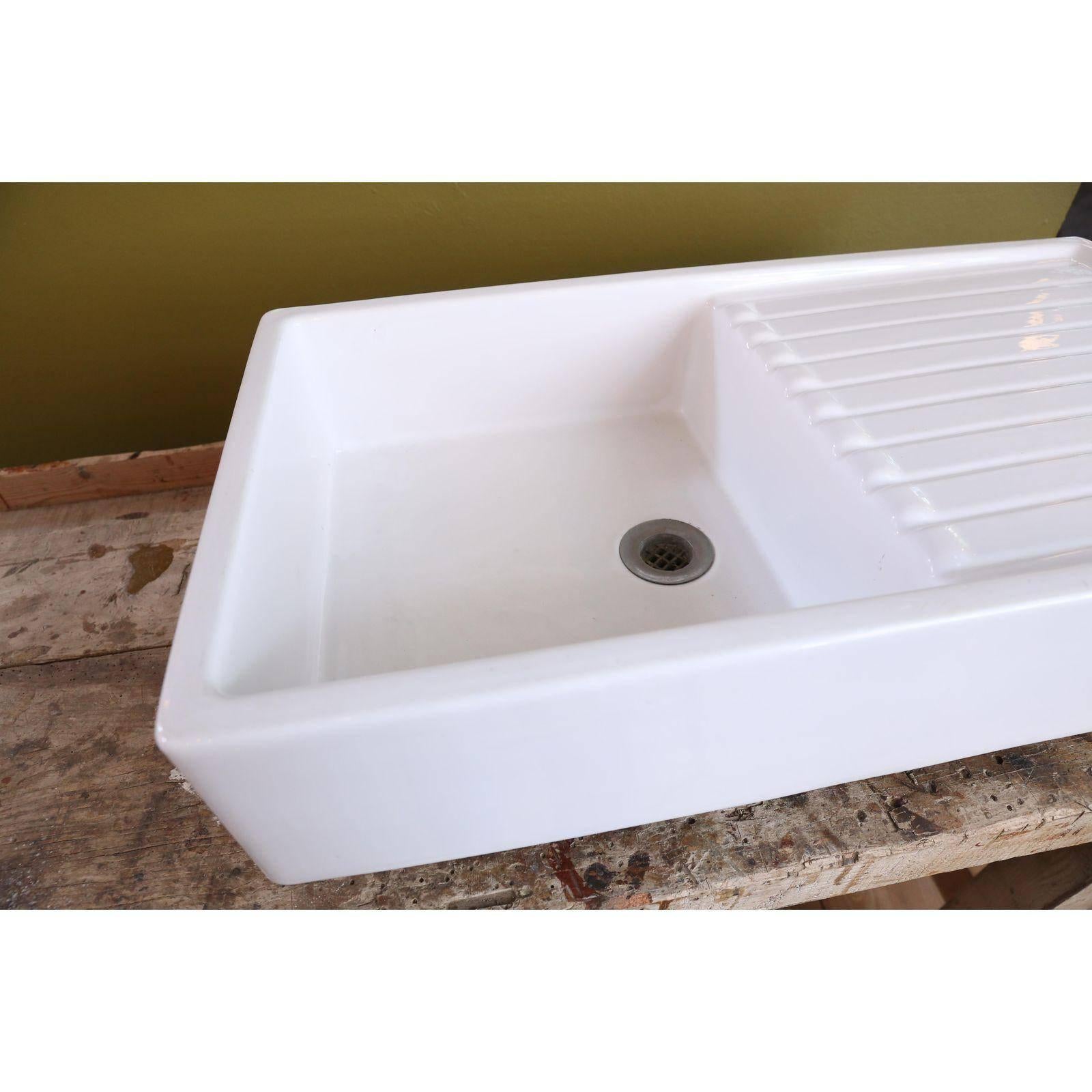 Metal Large Belgian Porcelain Farm Sink with Drainage Board by Warneton, circa 1920