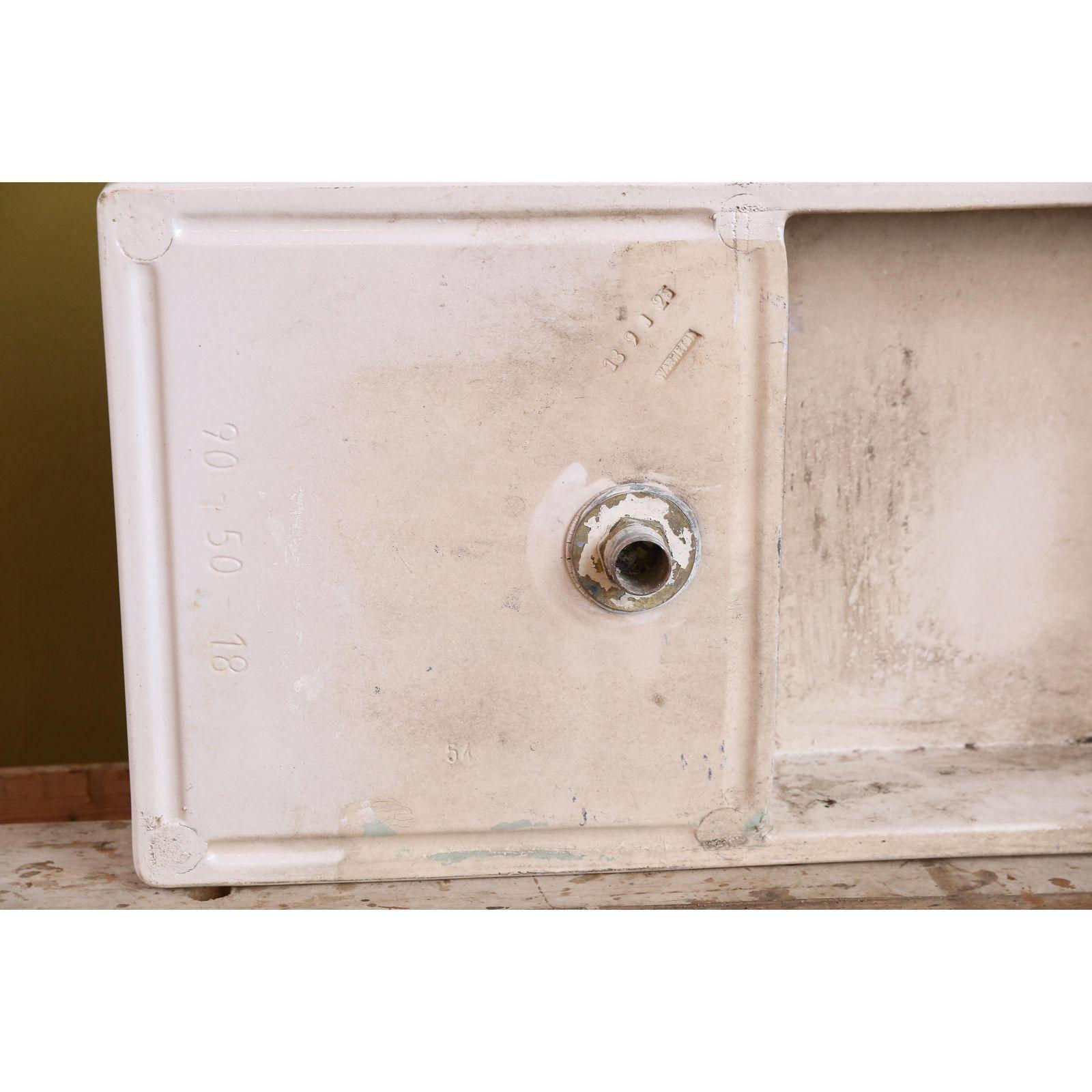 Large Belgian Porcelain Farm Sink with Drainage Board by Warneton, circa 1920 1