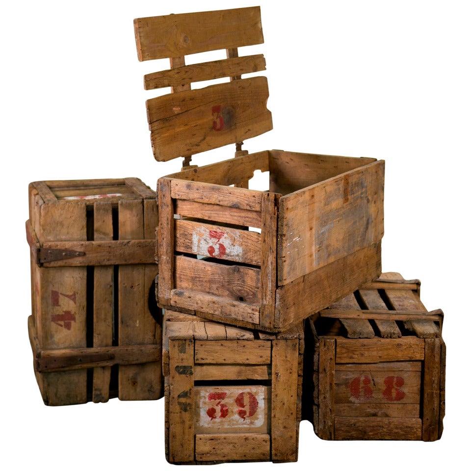 Primitive Handcrafted French Wooden Crates with Stenciled Numbers, circa 1900