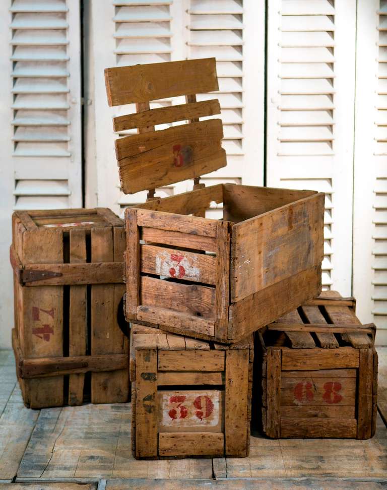 Collection of lidded wooden crates with red (original) stenciled numbers on the sides. Hand-forged iron strap hinges, Primitive condition, conditions vary. Sold as each. All different numbers -we will pick the one in the best condition available.