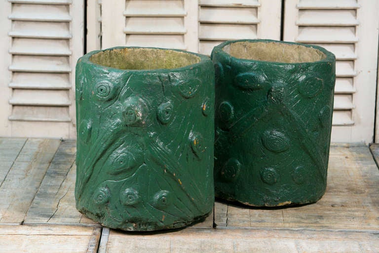 Pair of large, heavy Tronc d'arbre style cement faux bois planters. Painted green with expertly stylized faux bois design on sides.
From France, circa 1940. Measurement is for one planter. Price is for the pair.