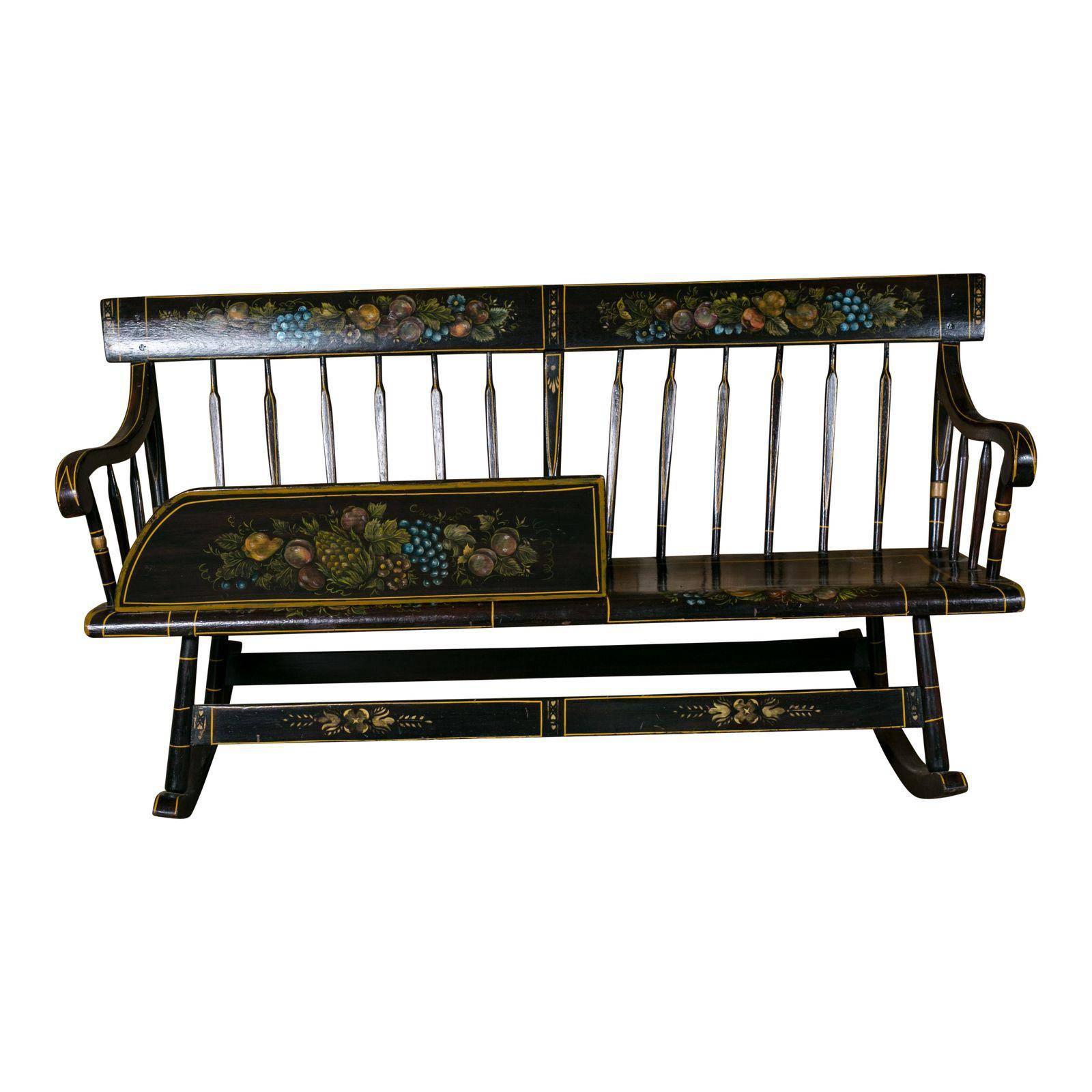 American Wooden Bench Rocker, circa 1890, Hand-Painted by Lew Hudnall