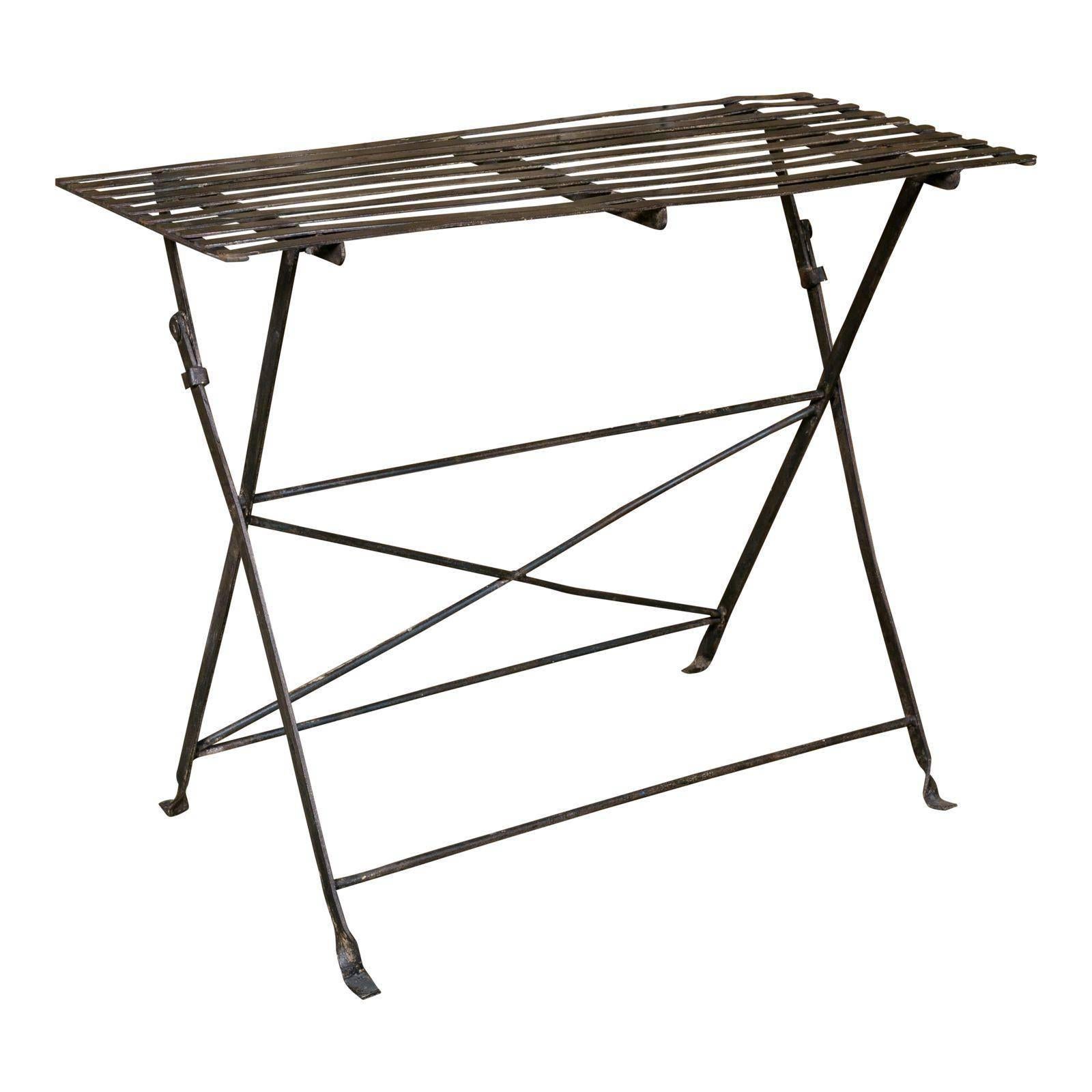 French Iron Folding Table with Metal Slat Top, circa 1920