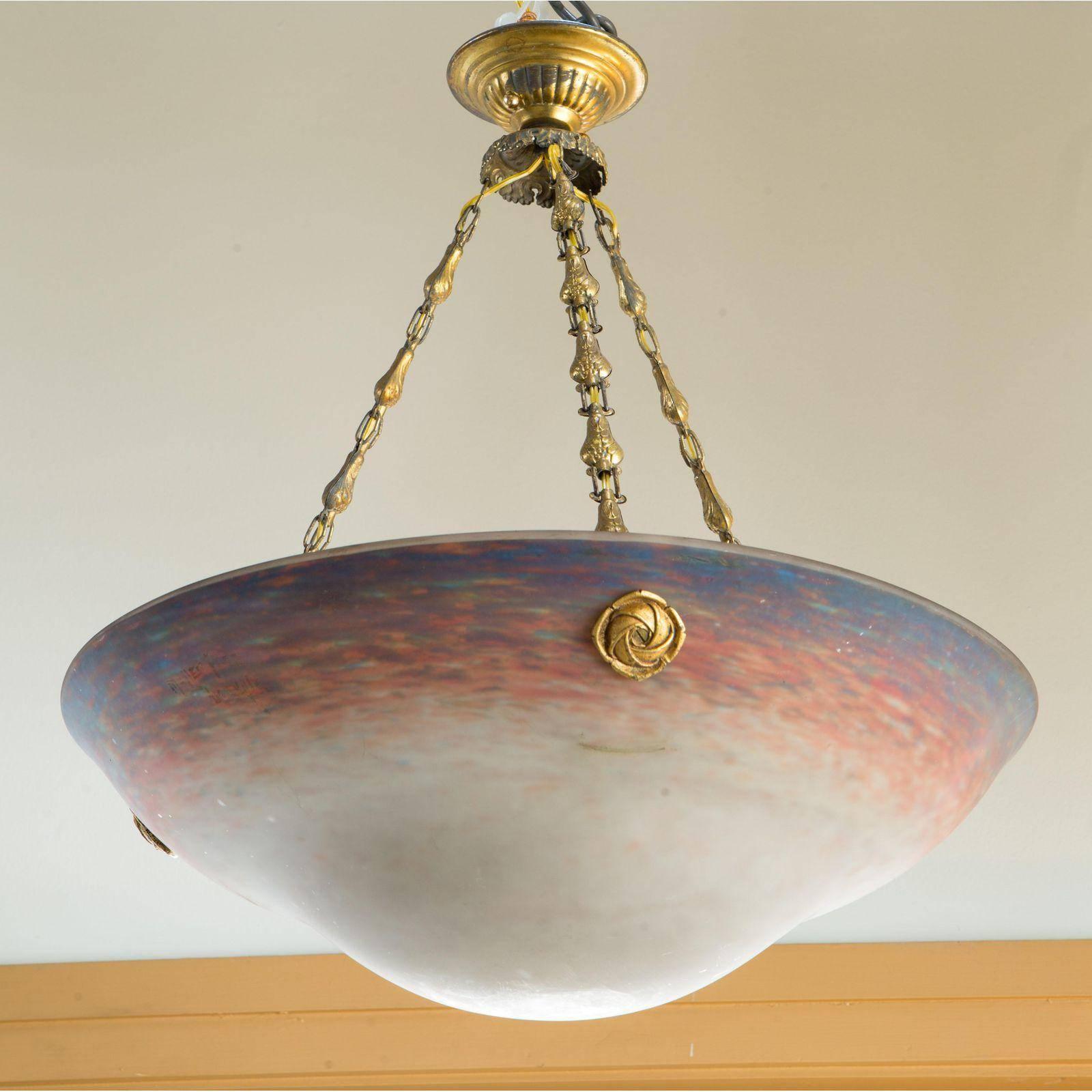 Brass Colorful French Art Glass Light by Muller Freres, circa 1930