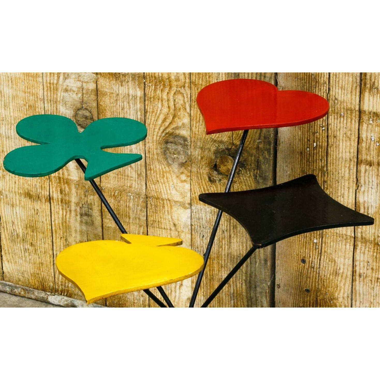 Wood and iron colorful multi-level side table with a heart, spade, club and diamond shape. Was created for the 1958 World's Fair in Belgium. Would make a great cocktail table or sculptural piece of art. Base is iron, shapes are enamel painted wood.