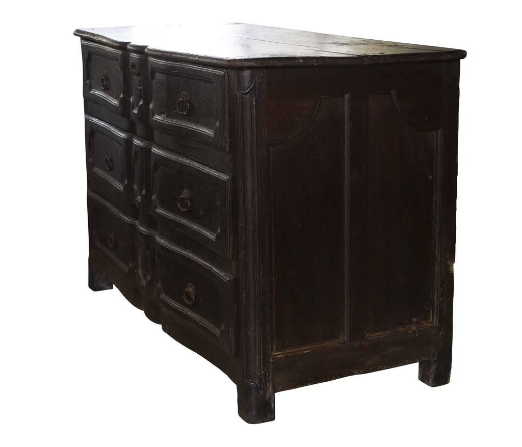 18th century, Italian three-drawer commode in original black paint, pulls and lock.