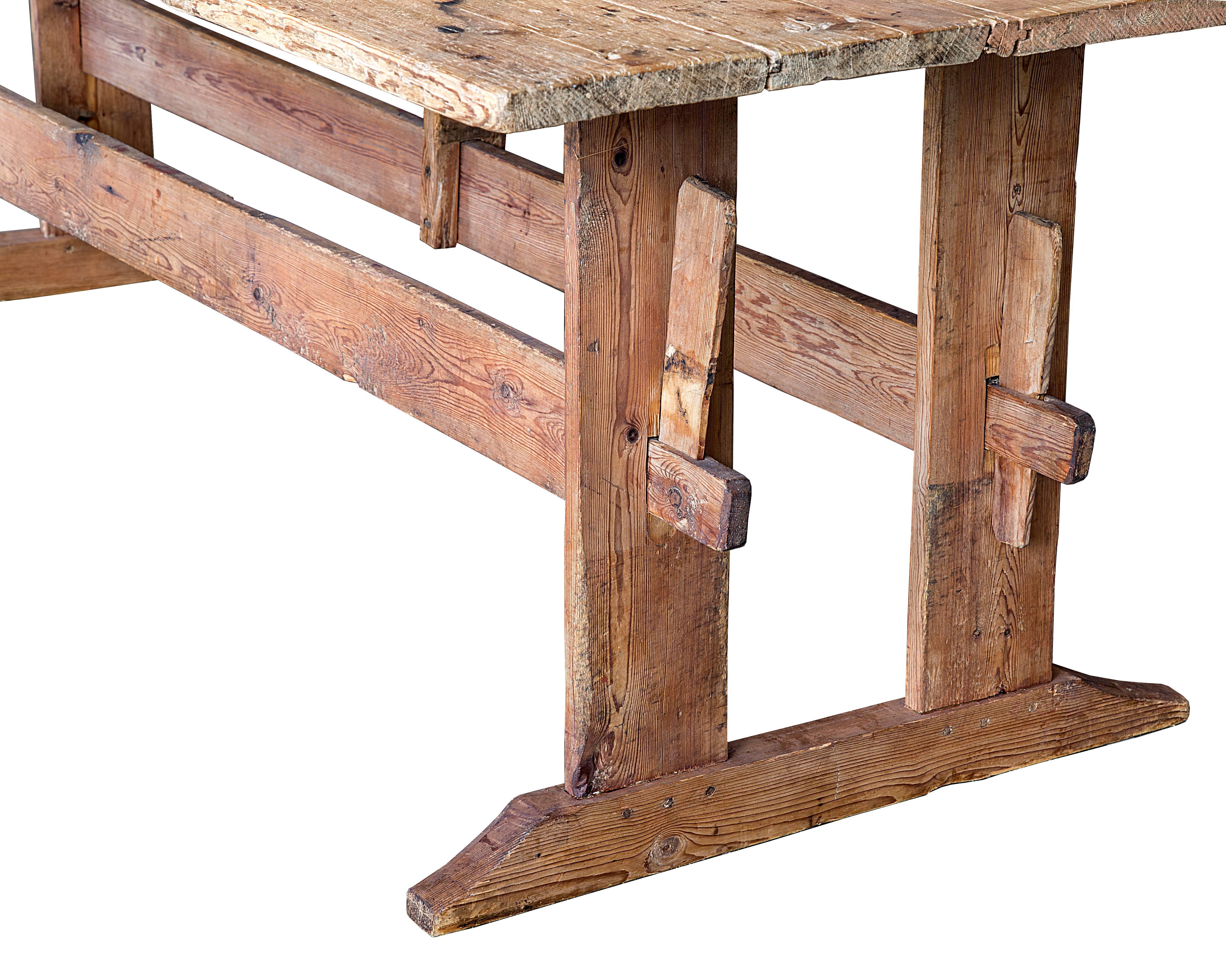 19th Century Swedish Double Trestle Bare Table with Original Surface. 