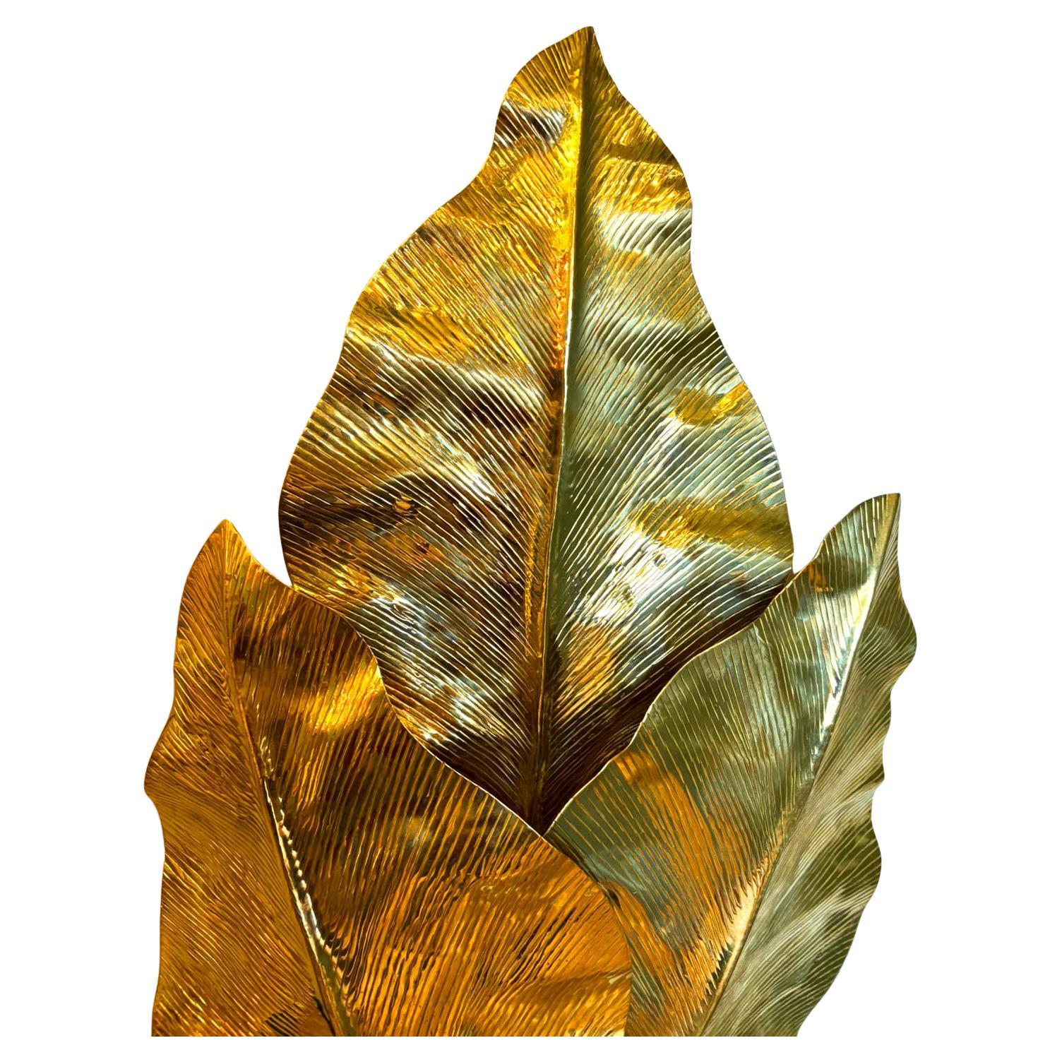 Esec Sculptural Brass Hammered Sconce, Large Tropical Leaves Wall Lighting For Sale