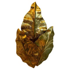Esec Sculptural Brass Hammered Sconce, Large Tropical Leaves Wall Lighting