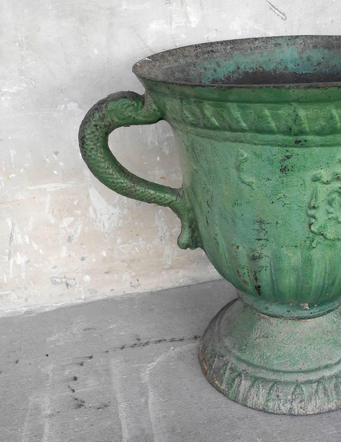 Antique Late 17th Century Green French Iron Planter with Crest  In Good Condition For Sale In Houston, TX