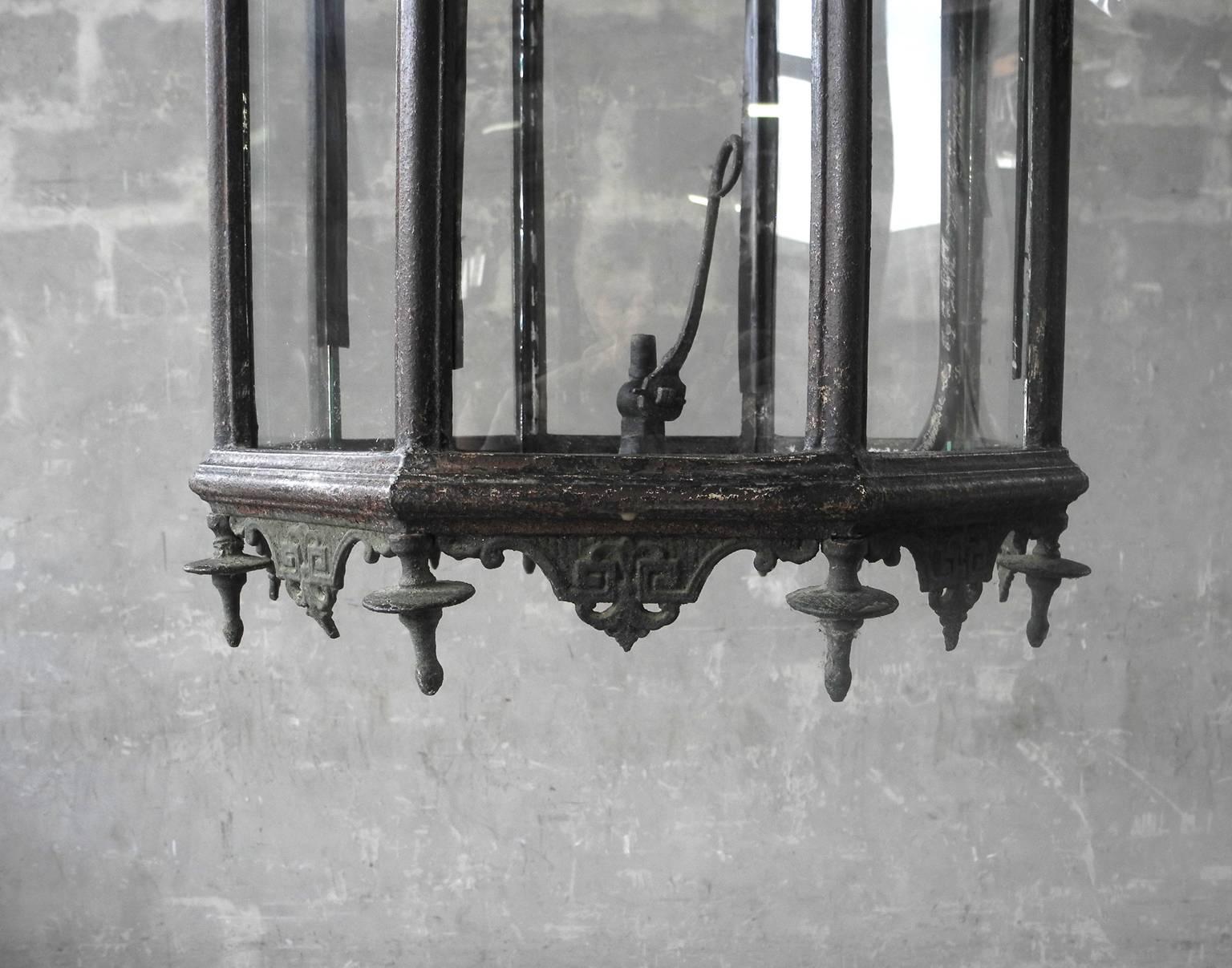 19th Century Antique Iron and Bronze French Carriage Entrance Lantern with Glass