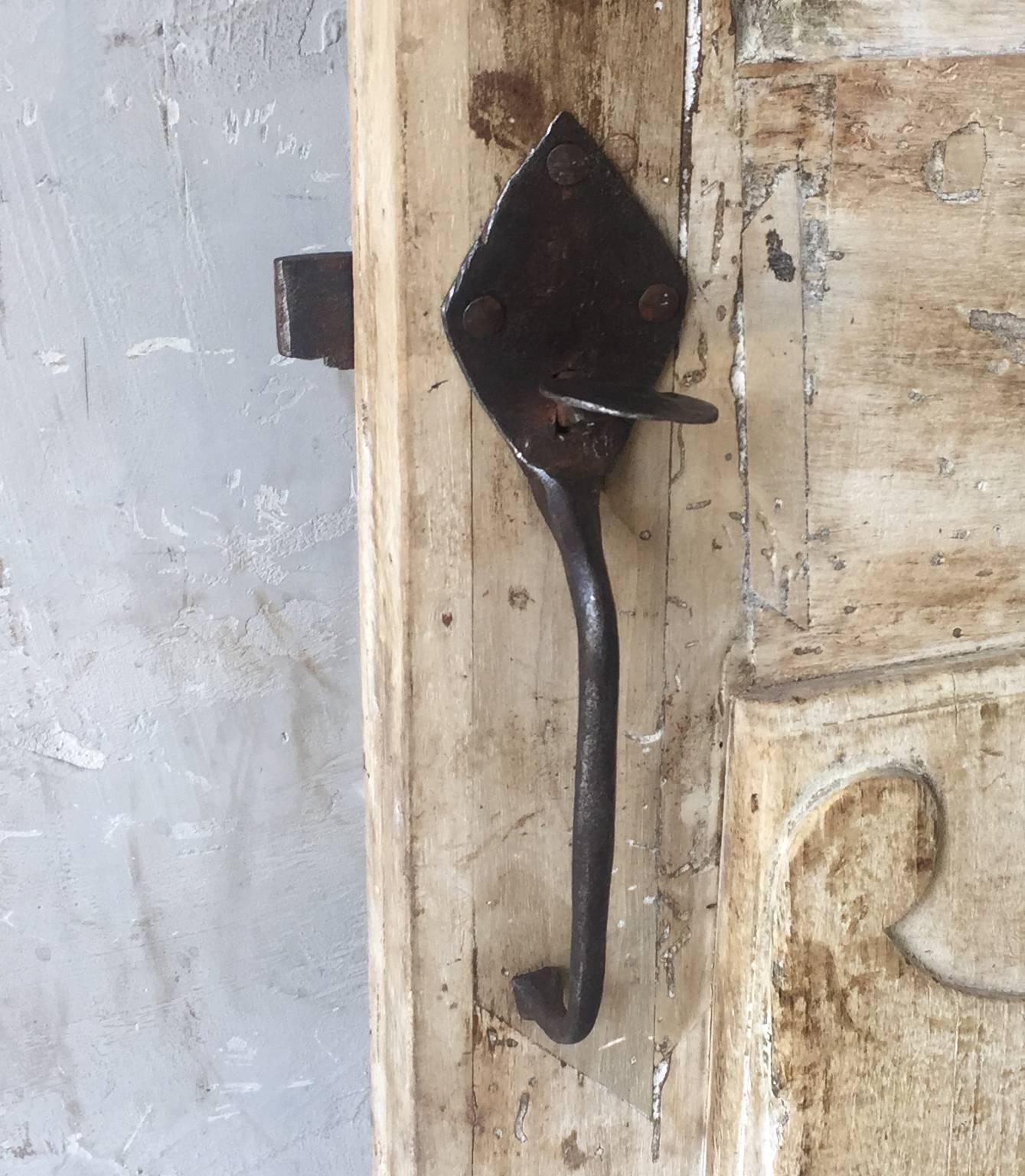 Antique French Walnut Door with Glass and Original Handle and Carved Bottom 1