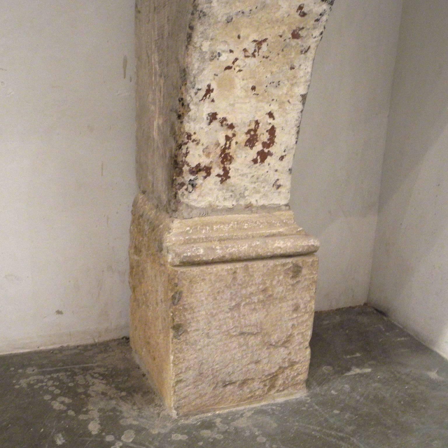 French Large Antique 17th Century Stone Mantel with Carved Legs and Lintel For Sale
