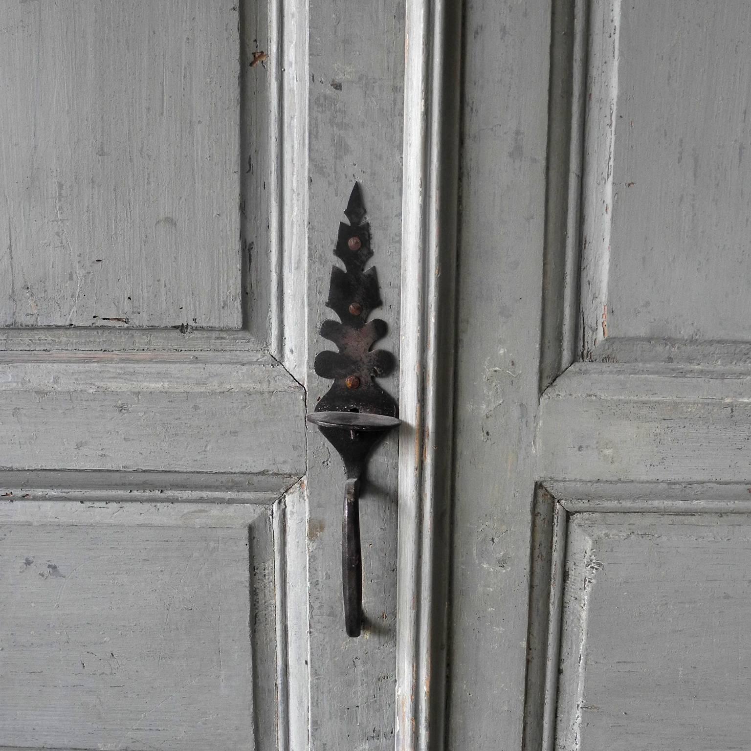 French Antique Pair of Blue Louis XIV Communication Doors with Iron Handle