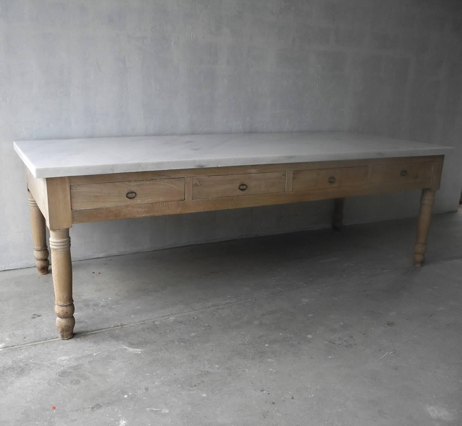 French Antique Walnut Table Base with Carved Legs and Drawers with White Marble Slab For Sale