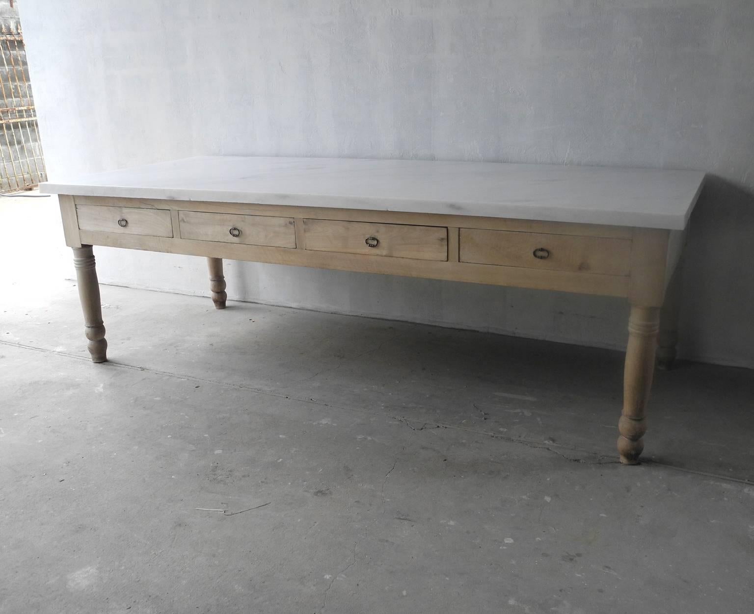 Antique Walnut Table Base with Carved Legs and Drawers with White Marble Slab In Excellent Condition For Sale In Houston, TX