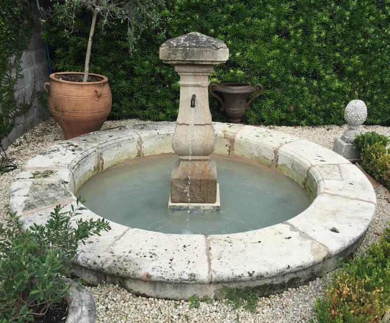 Antique Circular Stone Fountain with Carved Center Column and Two