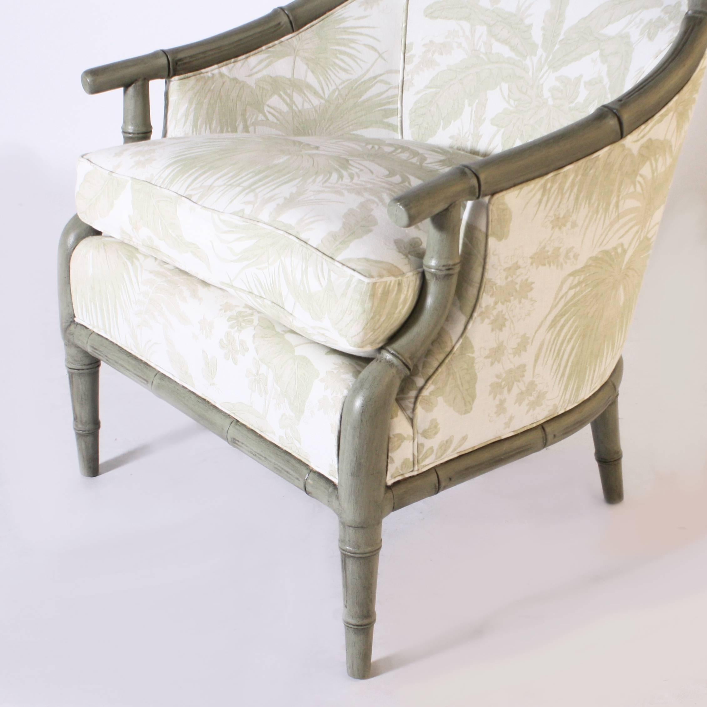 Pair of Faux Bamboo Chairs Upholstered in Jan Showers for Kravet Fabric 1