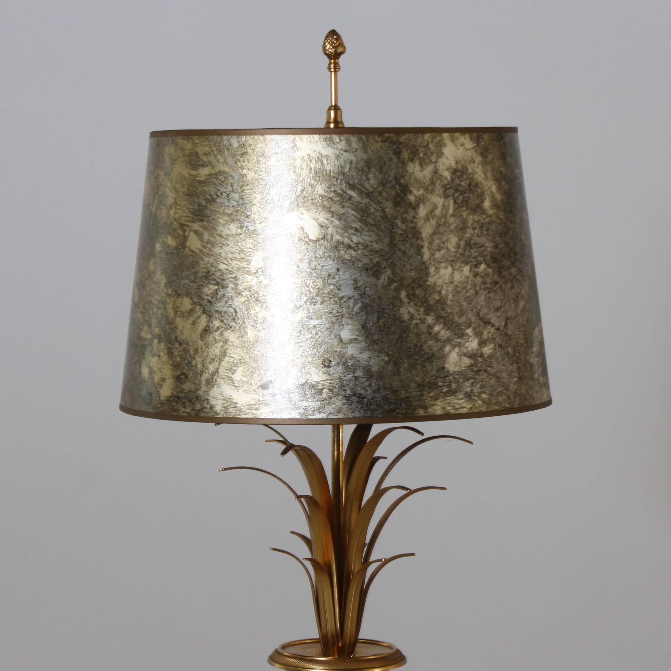 Maison Charles wheat lamp with original metal shade and original base. 3 way socket, 50/100/150 watt. Brass hardware. Original finial. Gold twisted silk cording.

