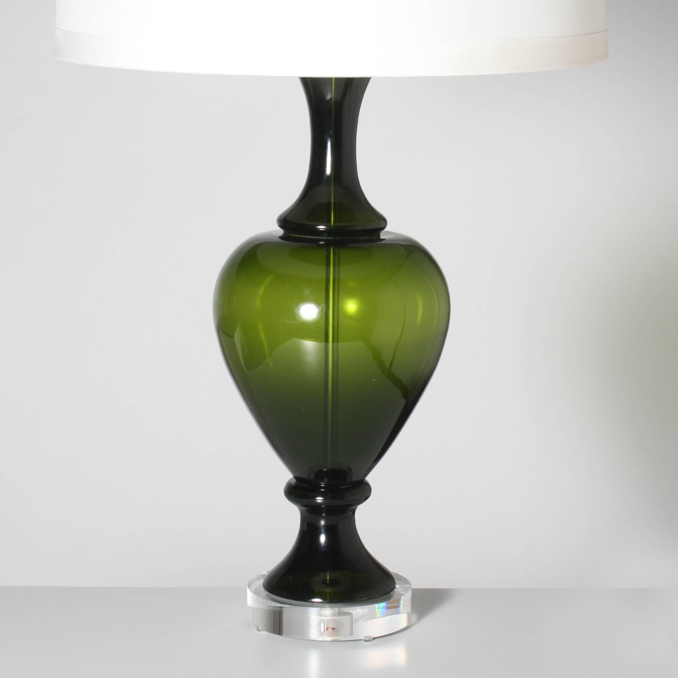 Swedish green marbro glass lamp with a Lucite base and a handmade silk shade.