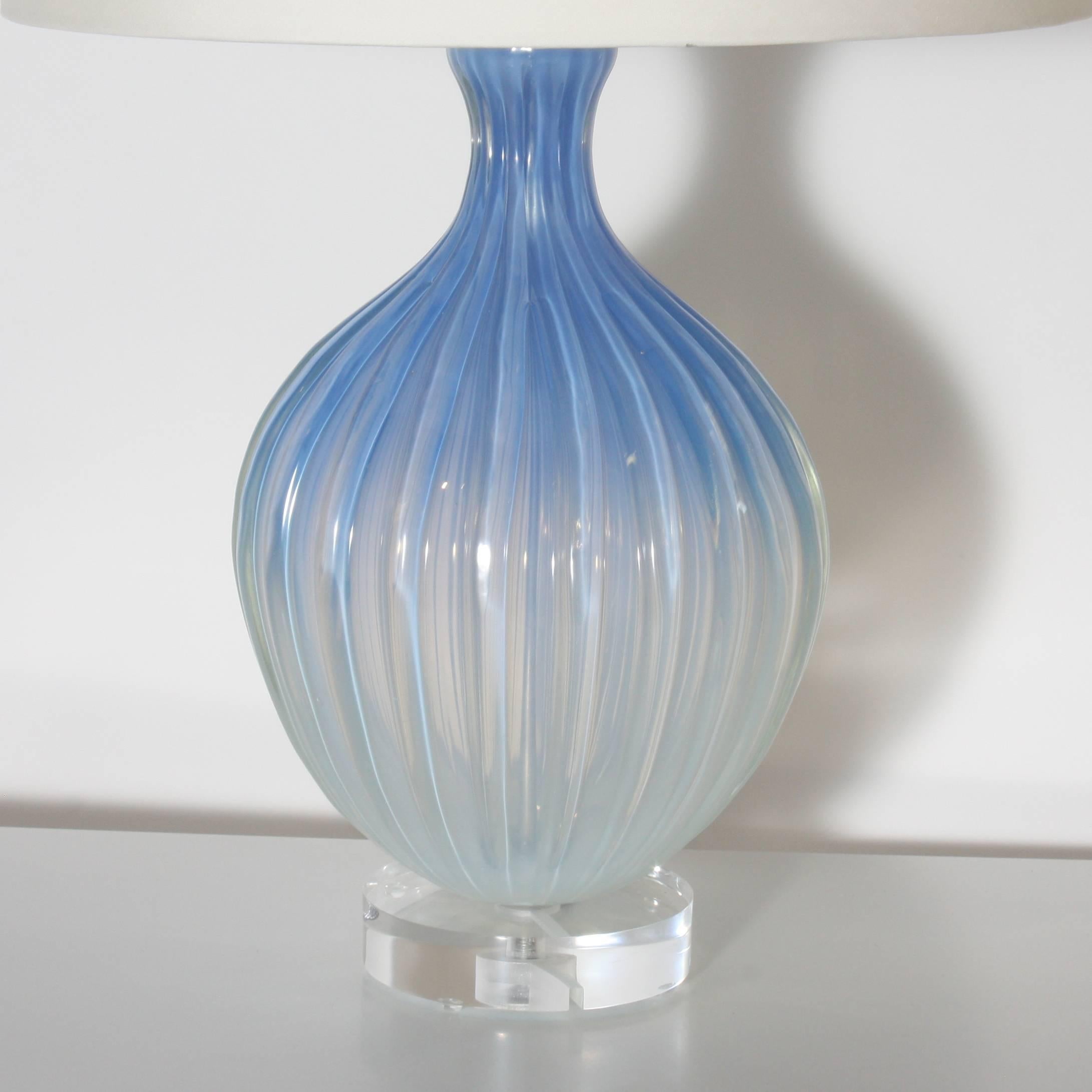 Opalescent blue Marbro Murano lamp by Seguso. Off-white pongee shade. Three-way socket, 50/100/150 watt. Nickel hardware. Lucite base. Crystal ball finial. Silver twisted cording.