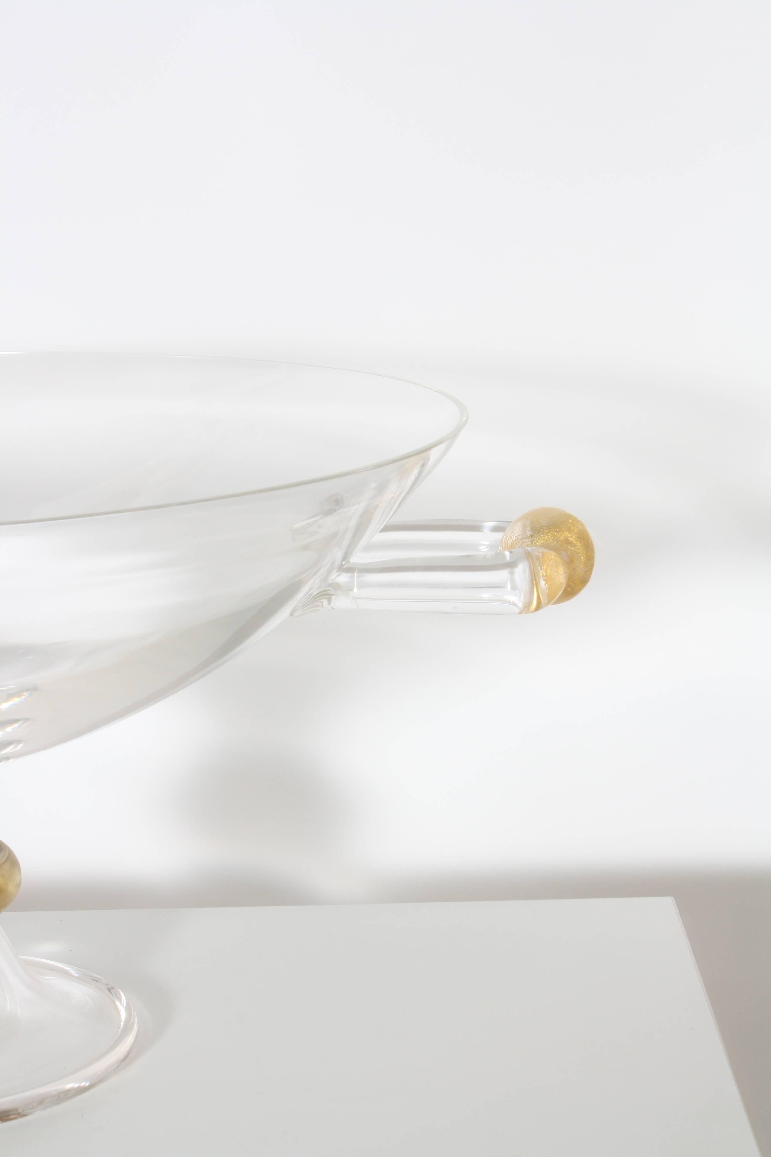 Italian Clear Cenedese Compote with Handles and Brass Detail, circa 2000