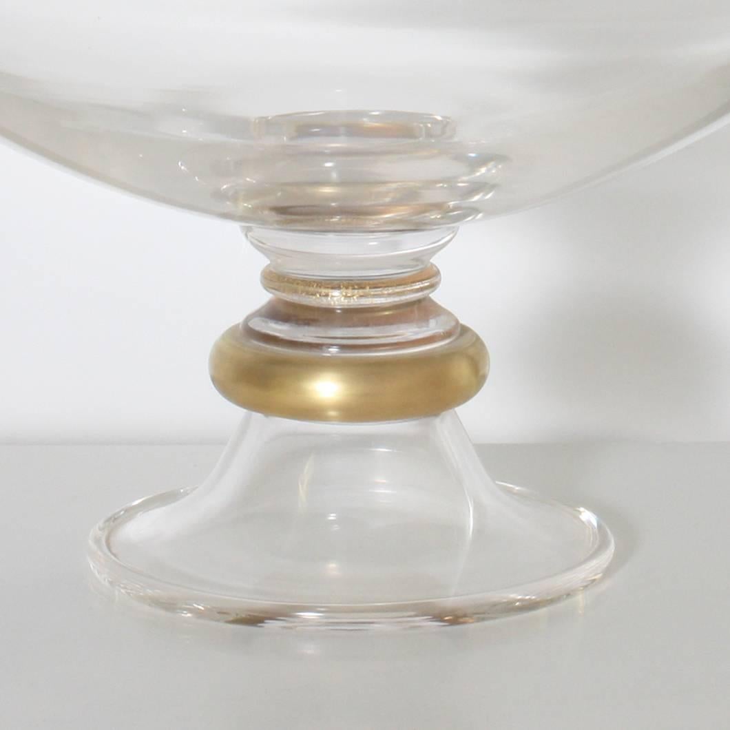 Clear Cenedese compote with handles and brass detail. Brass ring around the bottom of the compote. 22-karat gold flakes in stem of compote as well as in the handles.