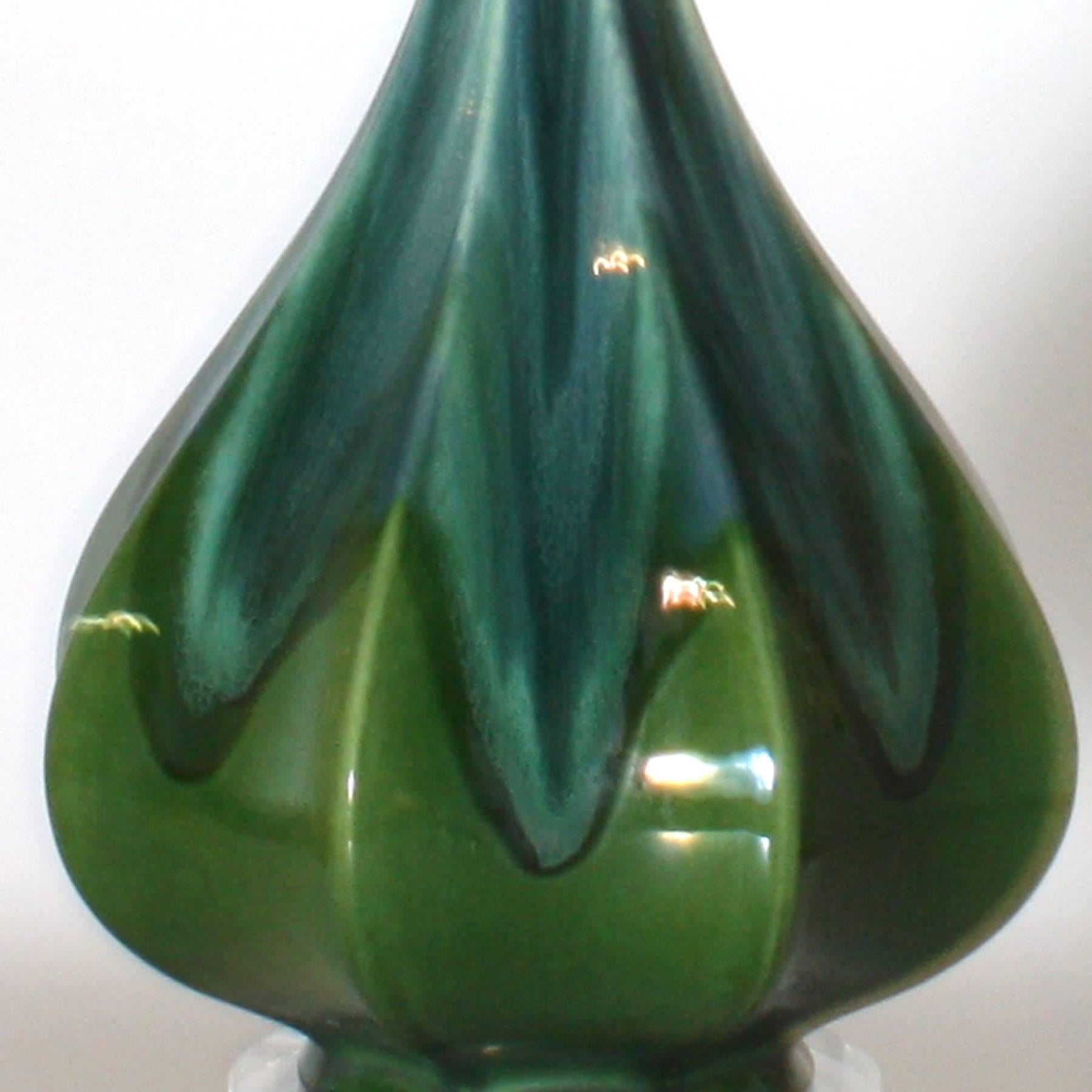 Pair of blue and green ceramic drip glaze lamps.
  