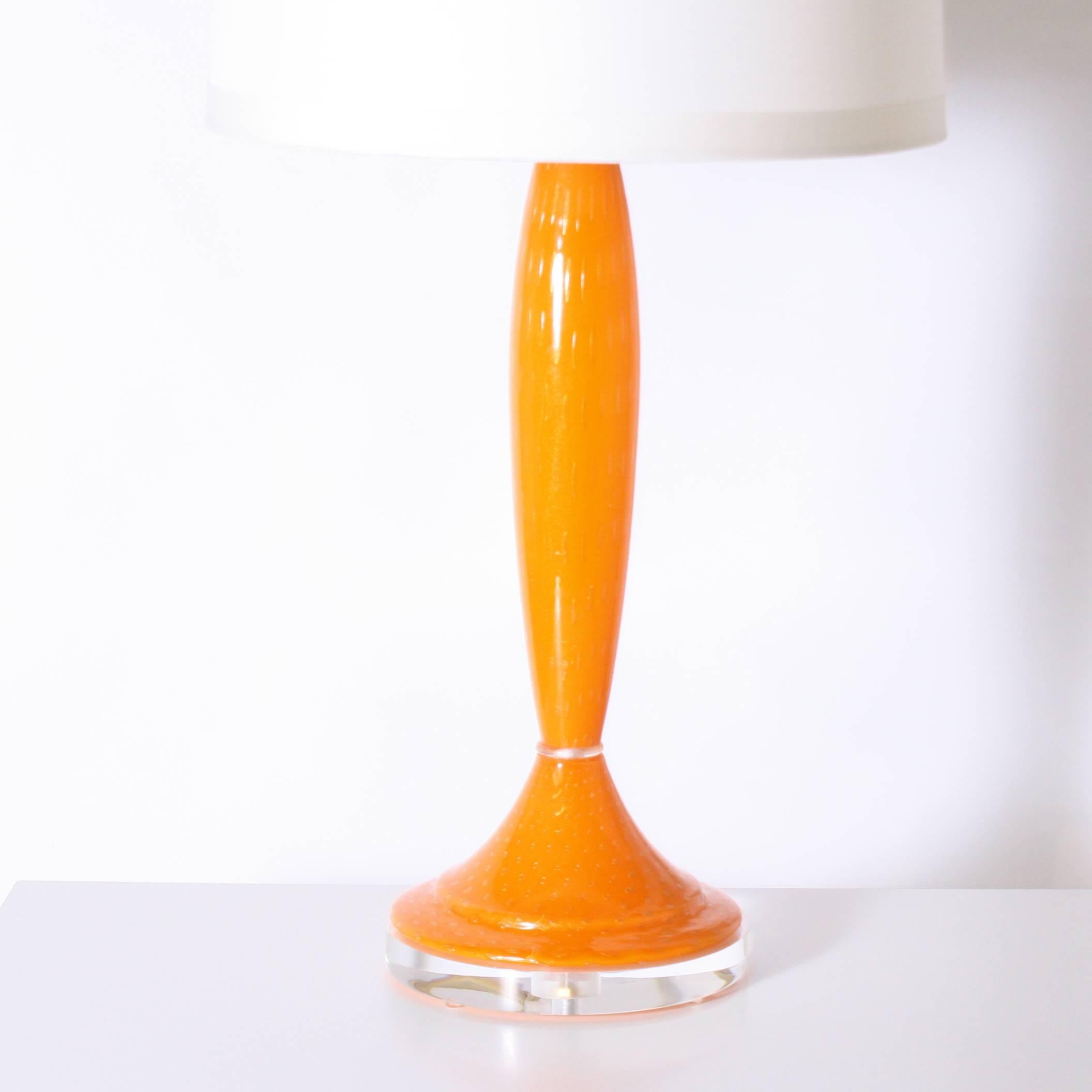 Orange Murano glass lamp with bullicante inclusions

measures: 17