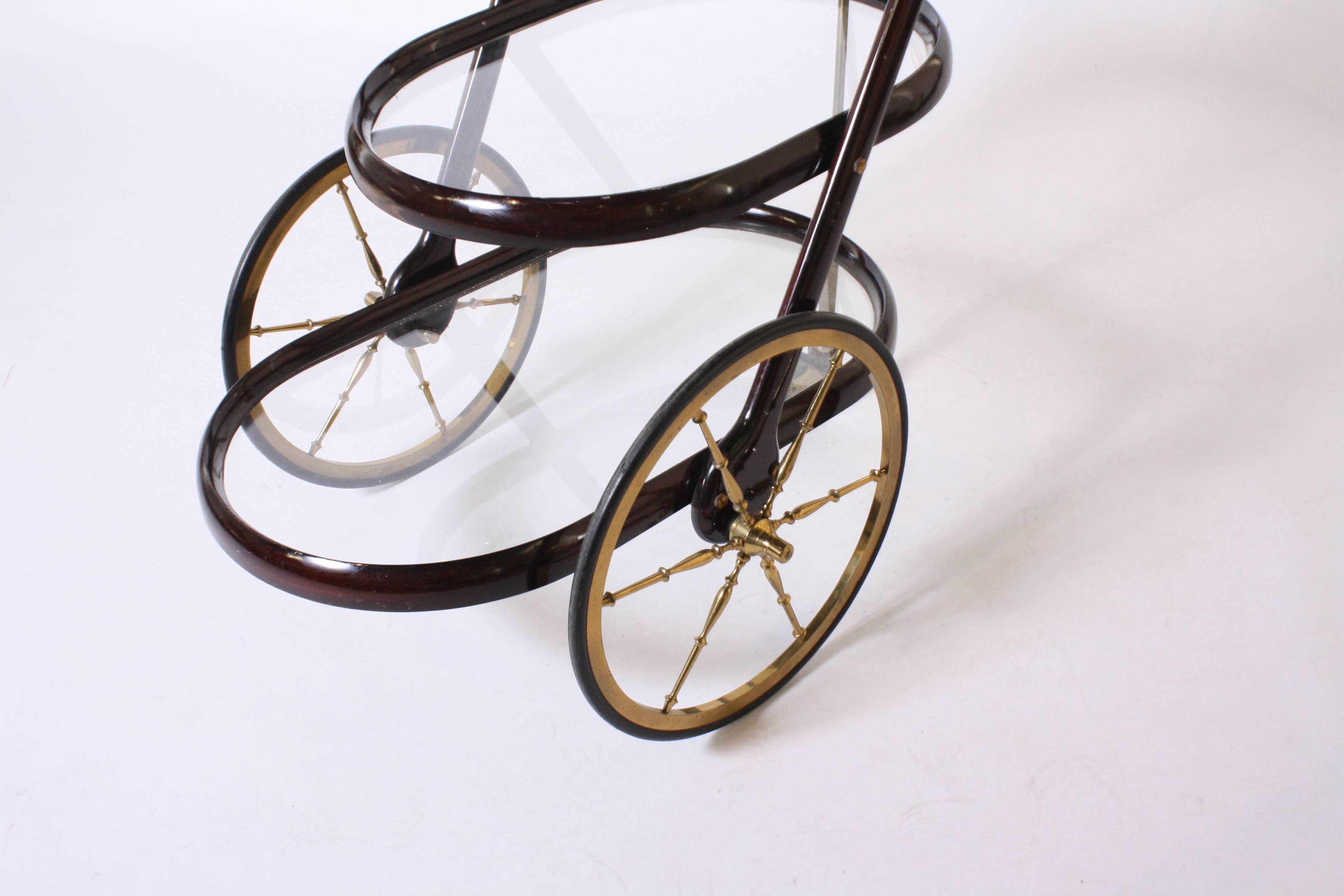 Italian wood and brass bar cart in the style of Cesare Locca.